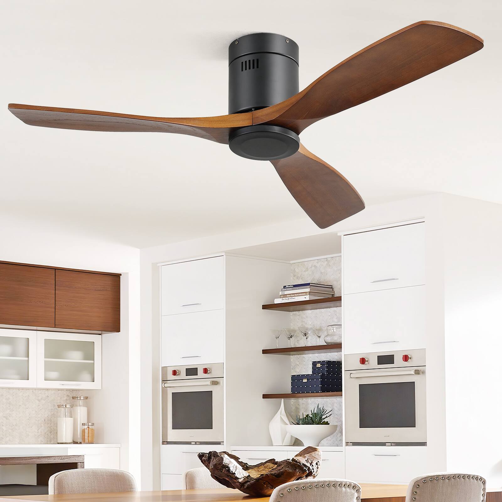 Alt View 4. Sofucor - 52'' Smart Ceiling Fan No Light Flush Mount Solid Wood Ceiling Fan w/ Voice & App & Remote Control for Bedroom/Farmhouse - Black-Walnut Wood.