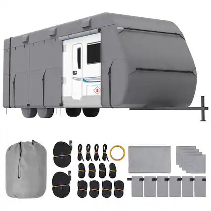 Front. VEVOR - Travel Trailer Cover, 24-27 ft RV Cover, 4-Layer Non-Woven Fabric Camper Cover, Waterproof, Windproof and Rip-Stop - Grey.