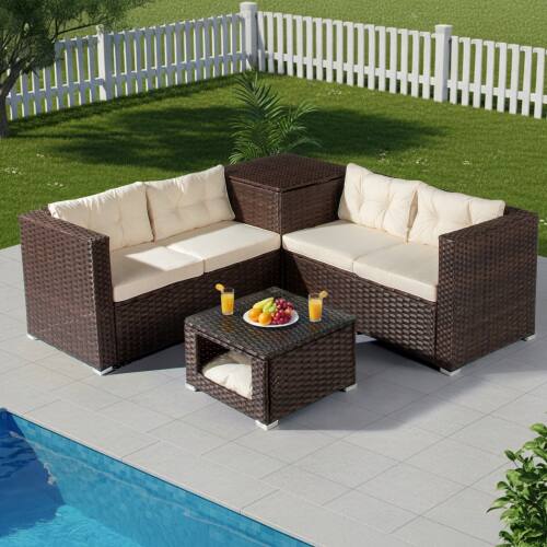 Alt View 10. Winado - 4PCS Patio Rattan Wicker Furniture Sets w/ Glass Top Coffee Table with Pet Ped, Hidden Storage In/Outdoor Garden Balcony - Brown & Beige Cushion.