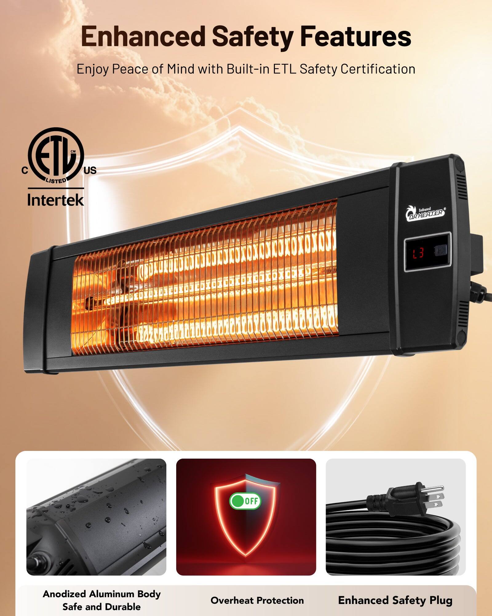 Enhanced Safety Features  
Enjoy Peace of Mind with Built-in ETL Safety Certification  

- Anodized Aluminum Body  
  Safe and Durable  

- Overheat Protection  

- Enhanced Safety Plug