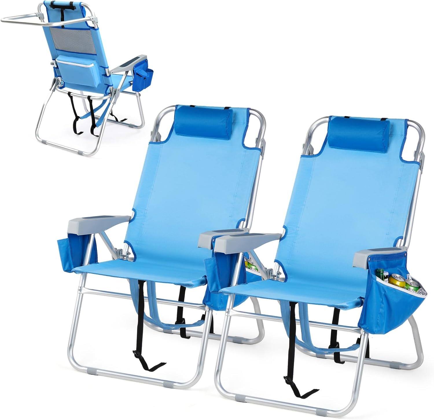 Front. Winado - 2 PCS Folding Beach Chair Lightweight with 5-Position, Cooler Bag, Cup Holders, Backpack Towel Bar for Camping Beach - Blue.
