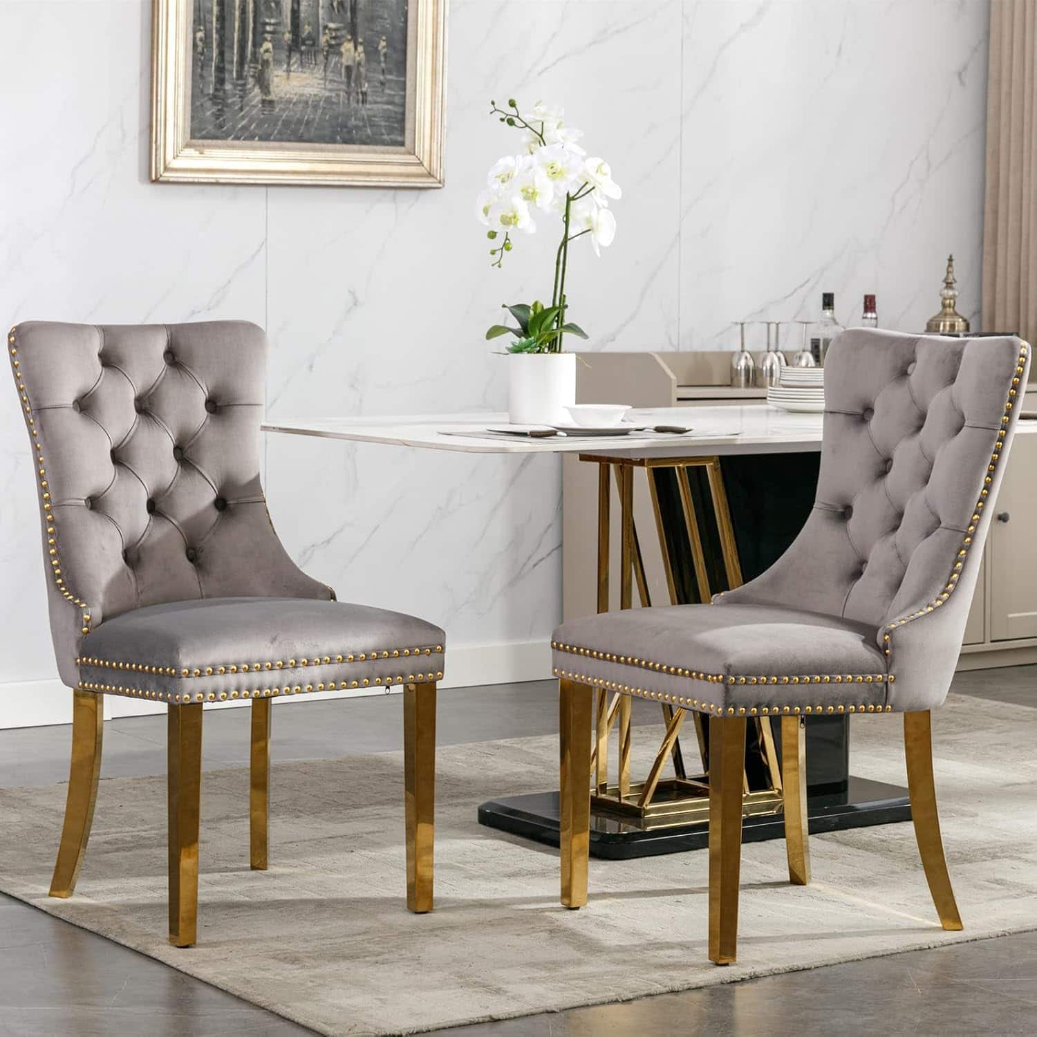 Trinkets Crazed - Velvet Dining Chair Set of 2 Upholstered Tufted Dining Room Chair with Nailhead Trim - gray-gold