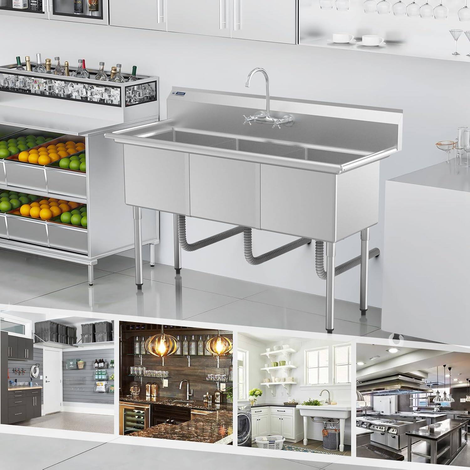 Alt View 3. Winado - 60"L x 24"W x 43.2"H Commercial Utility Sink Freestanding 3 Compartment Sink with R10 Rounded Corners for Restaurant Use - Silver.