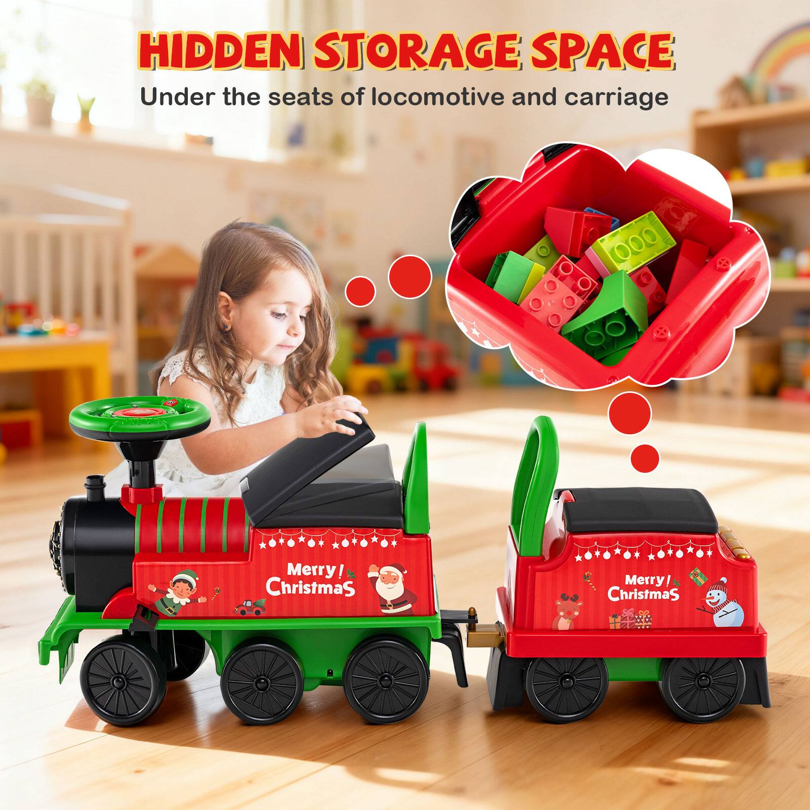 HIDDEN STORAGE SPACE  
Under the seats of locomotive and carriage  

Merry! Christmas  
Merry! Christmas