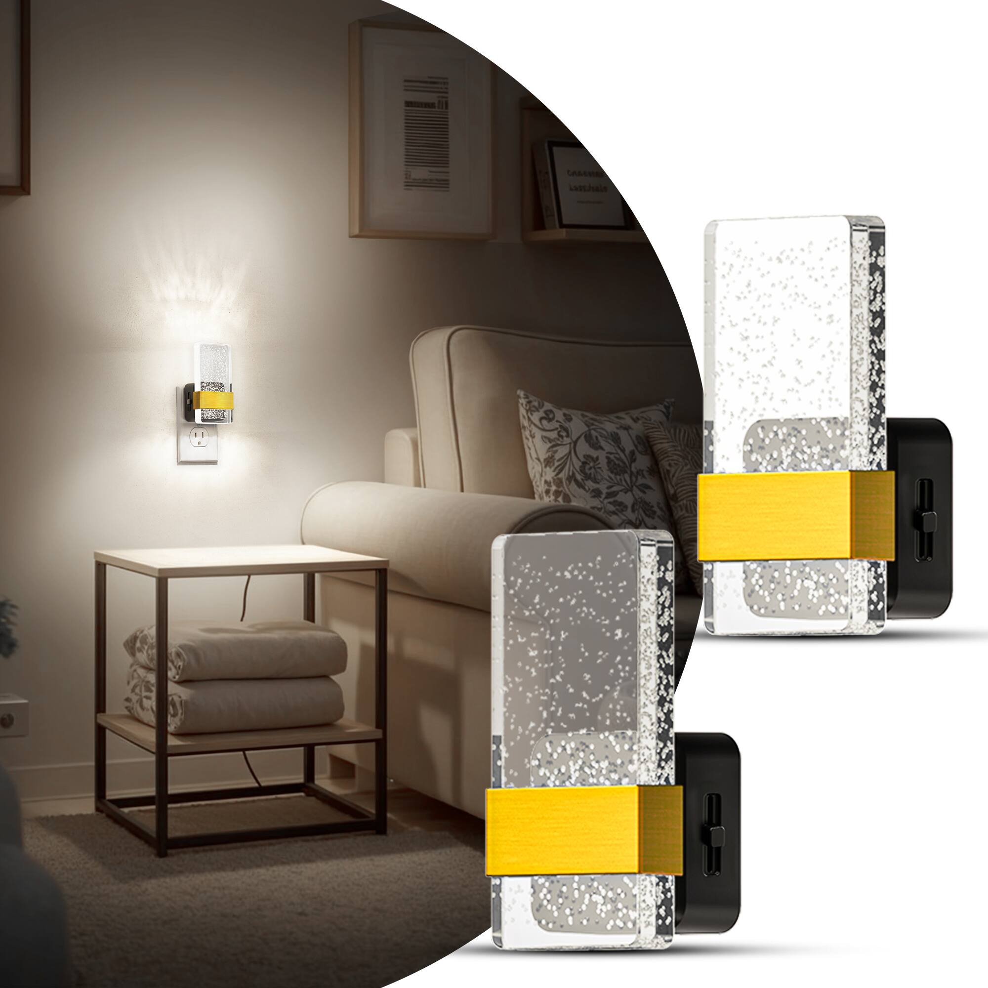 Angle. Jandcase - JANDCASE 2-Pack 1W  Plug-in Night Light, 5000K Daylight White, Acrylic Square Pillar,Up/Down Light, - Black and Gold.