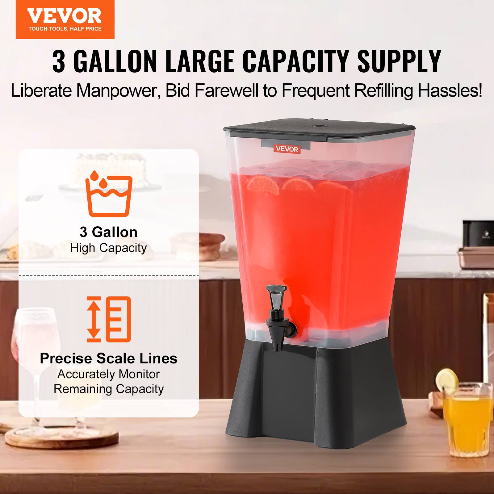 VEVOR  
TOUGH TOOLS, HALF PRICE  

3 GALLON LARGE CAPACITY SUPPLY  
Liberate Manpower, Bid Farewell to Frequent Refilling Hassles!  

3 Gallon  
High Capacity  

Precise Scale Lines  
Accurately Monitor Remaining Capacity