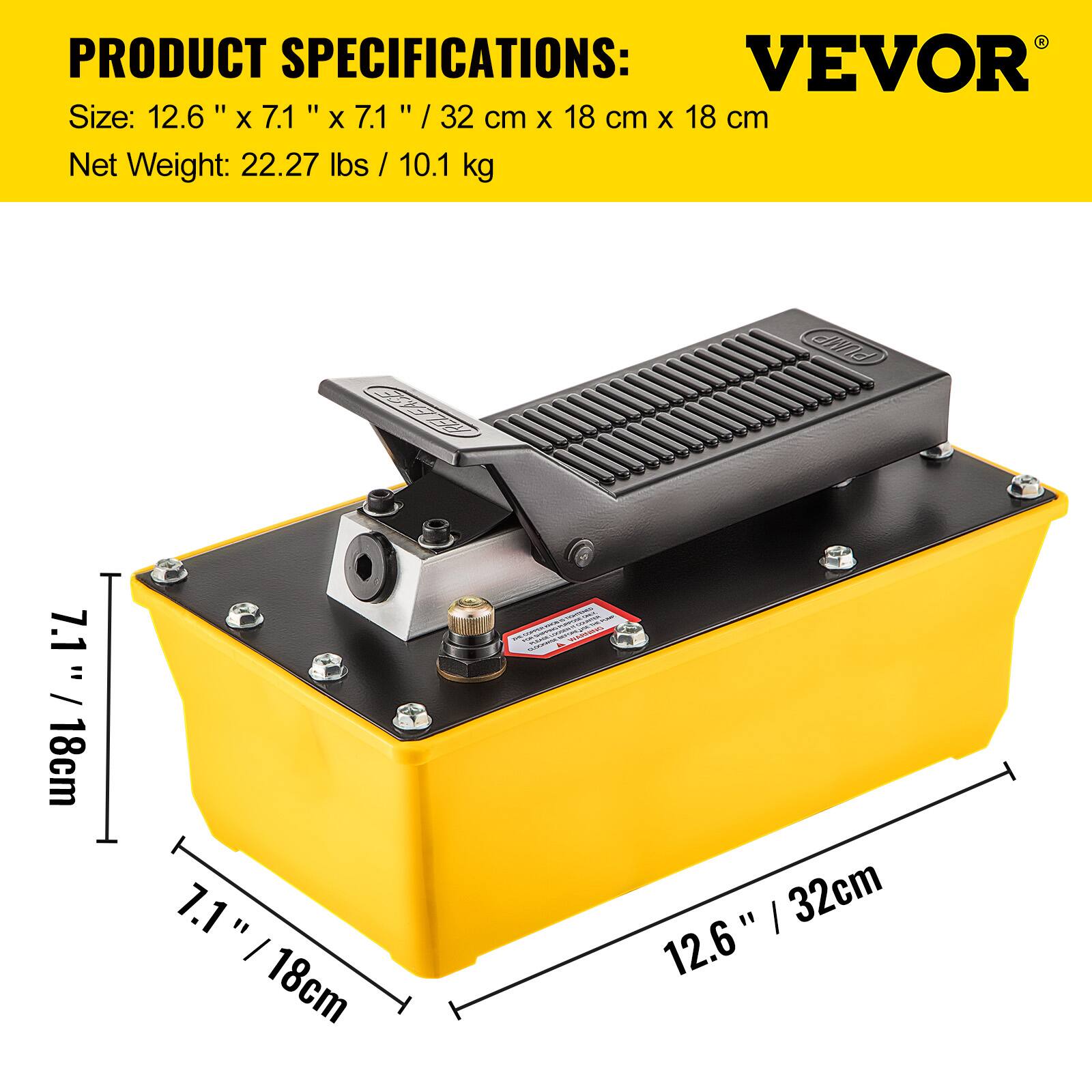 PRODUCT SPECIFICATIONS

VEVOR

Size: 12.6" x 7.1" x 7.1" / 32 cm x 18 cm x 18 cm

Net Weight: 22.27 lbs / 10.1 kg