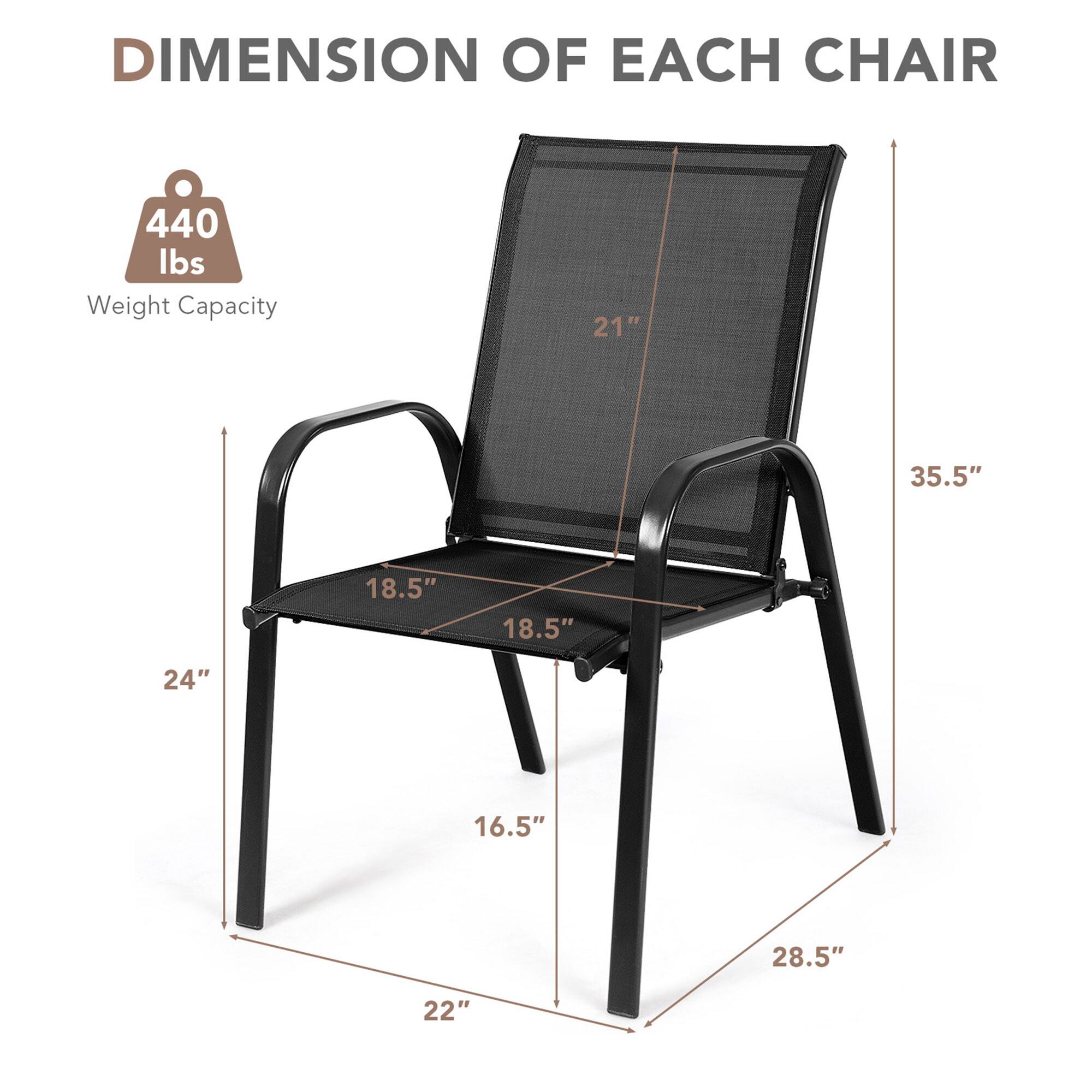 DIMENSION OF EACH CHAIR

440 lbs Weight Capacity

21"  
35.5"  
18.5"  
18.5"  
24"  
16.5"  
28.5"  
22"