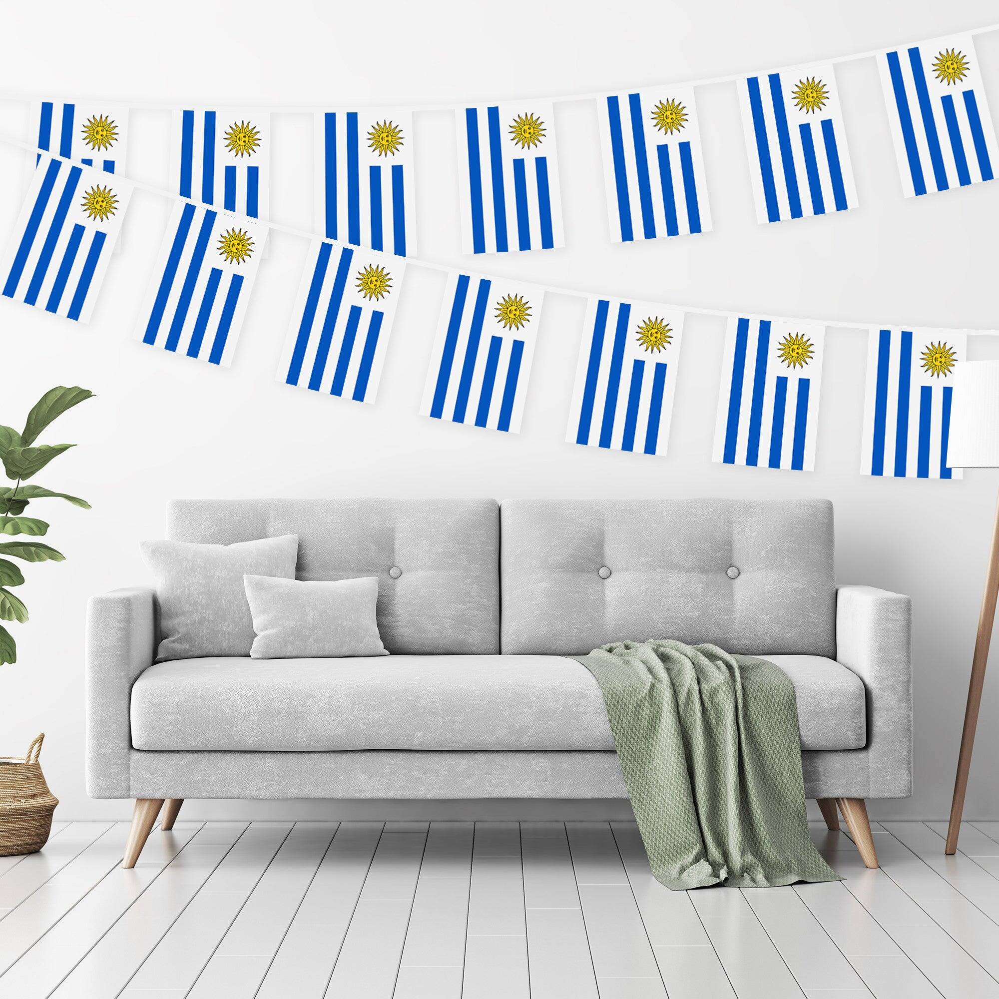 Angle. G128 - Uruguay Bunting Banner 33 ft — 38 Mini Flags (8.2 x 5.5 in), 150D Polyester. - Assorted Colors.