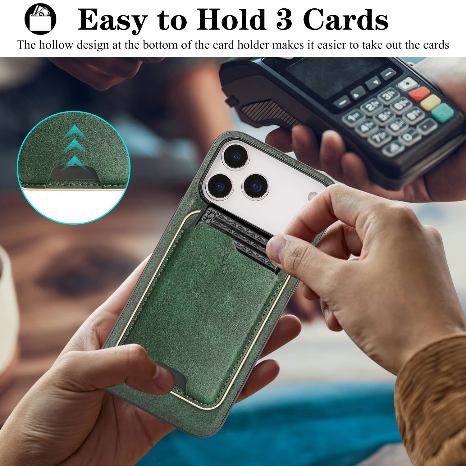 Easy to Hold 3 Cards

The hollow design at the bottom of the card holder makes it easier to take out the cards