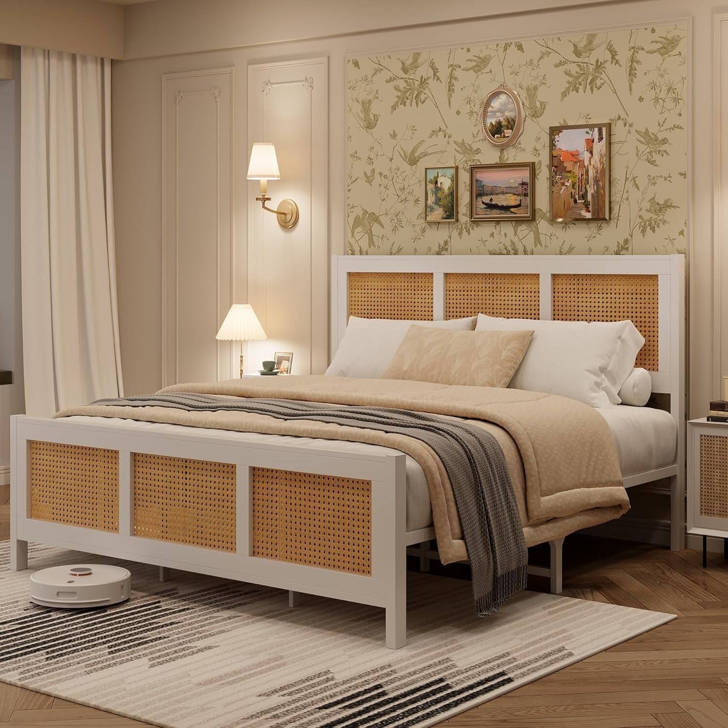 Front. Qeetex - Full Size Bohemian Rattan Platform Bed Frame with Headboard - Strong Metal Slats Support  Noise Free Design  No Box Spri - As Shown.