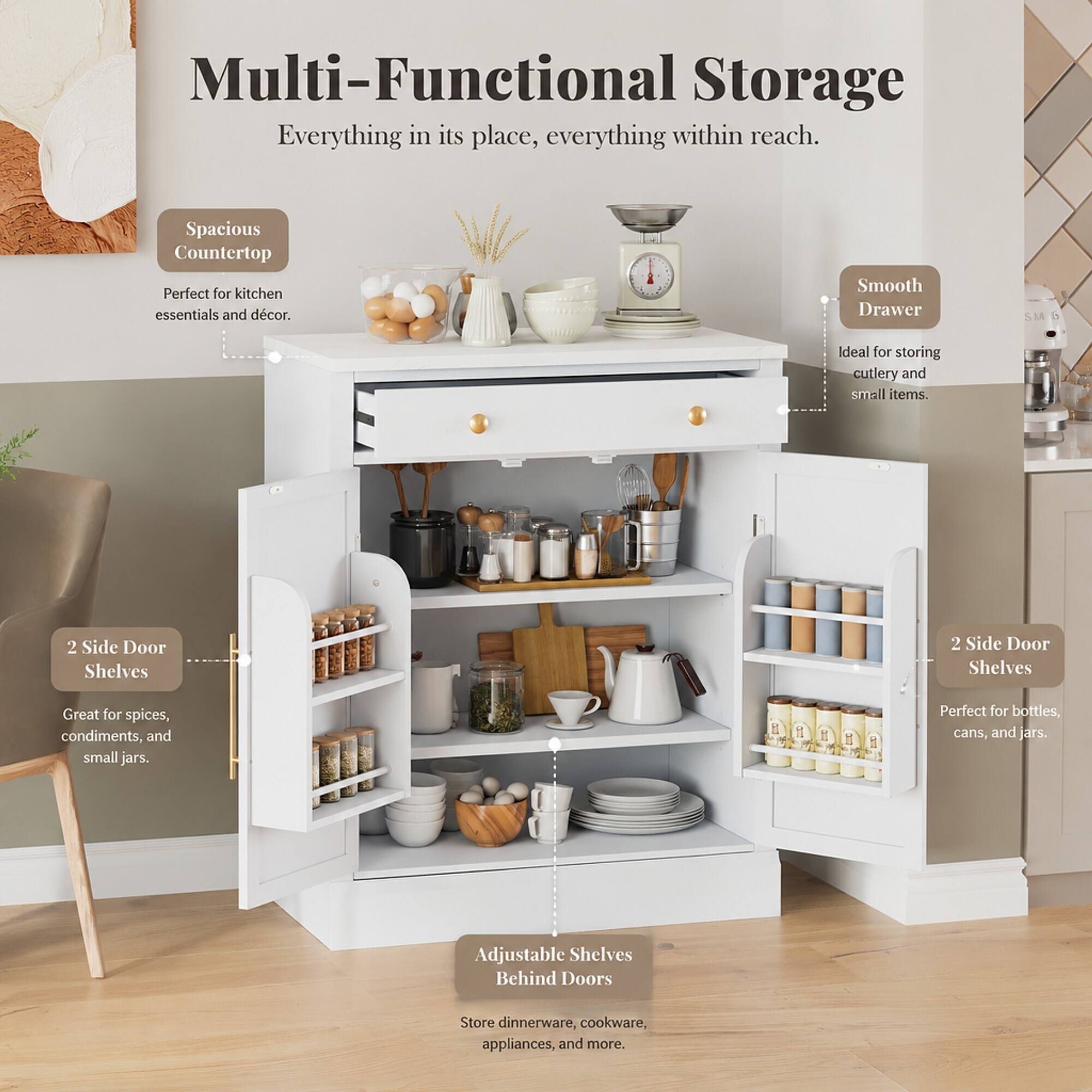 Multi-Functional Storage  
Everything in its place, everything within reach.

Spacious Countertop  
Perfect for kitchen essentials and décor.

Smooth Drawer  
Ideal for storing cutlery and small items.

2 Side Door Shelves  
Great for spices, condiments, and small jars.

2 Side Door Shelves  
Perfect for bottles, cans, and jars.

Adjustable Shelves Behind Doors  
Store dinnerware, cookware, appliances, and more.