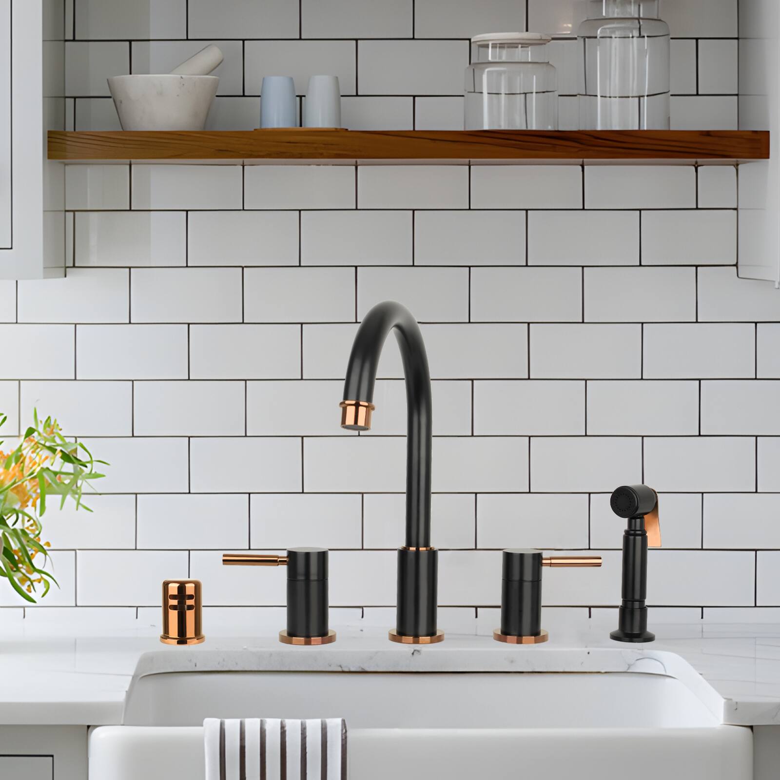 Alt View 3. Akicon - Akicon Solid Brass Double-Handle 360° Swivel Widespread Kitchen Faucet with Side Sprayer in Matte Black & Rose Gold - Matte Black & Rose Gold.
