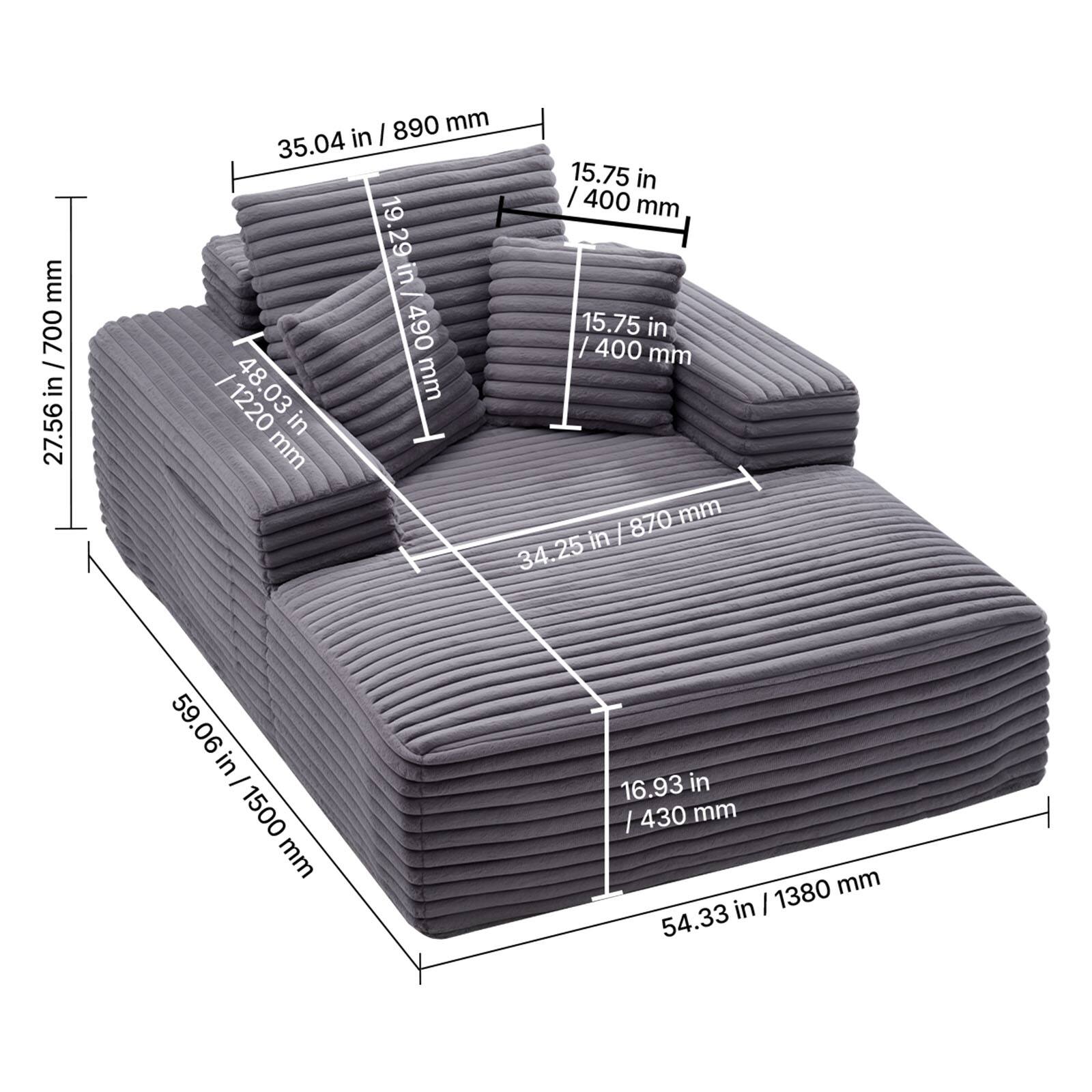 Sure, here is the corrected and grouped text from the image:

- **Width:** 54.33 in / 1380 mm
- **Depth:** 59.06 in / 1500 mm
- **Height:** 35.04 in / 890 mm
- **Seat Height:** 16.93 in / 430 mm
- **Seat Depth:** 34.25 in / 870 mm
- **Arm Height:** 19.29 in / 490 mm
- **Back Height:** 27.56 in / 700 mm
- **Arm Width:** 15.75 in / 400 mm
- **Seat Width:** 15.75 in / 400 mm