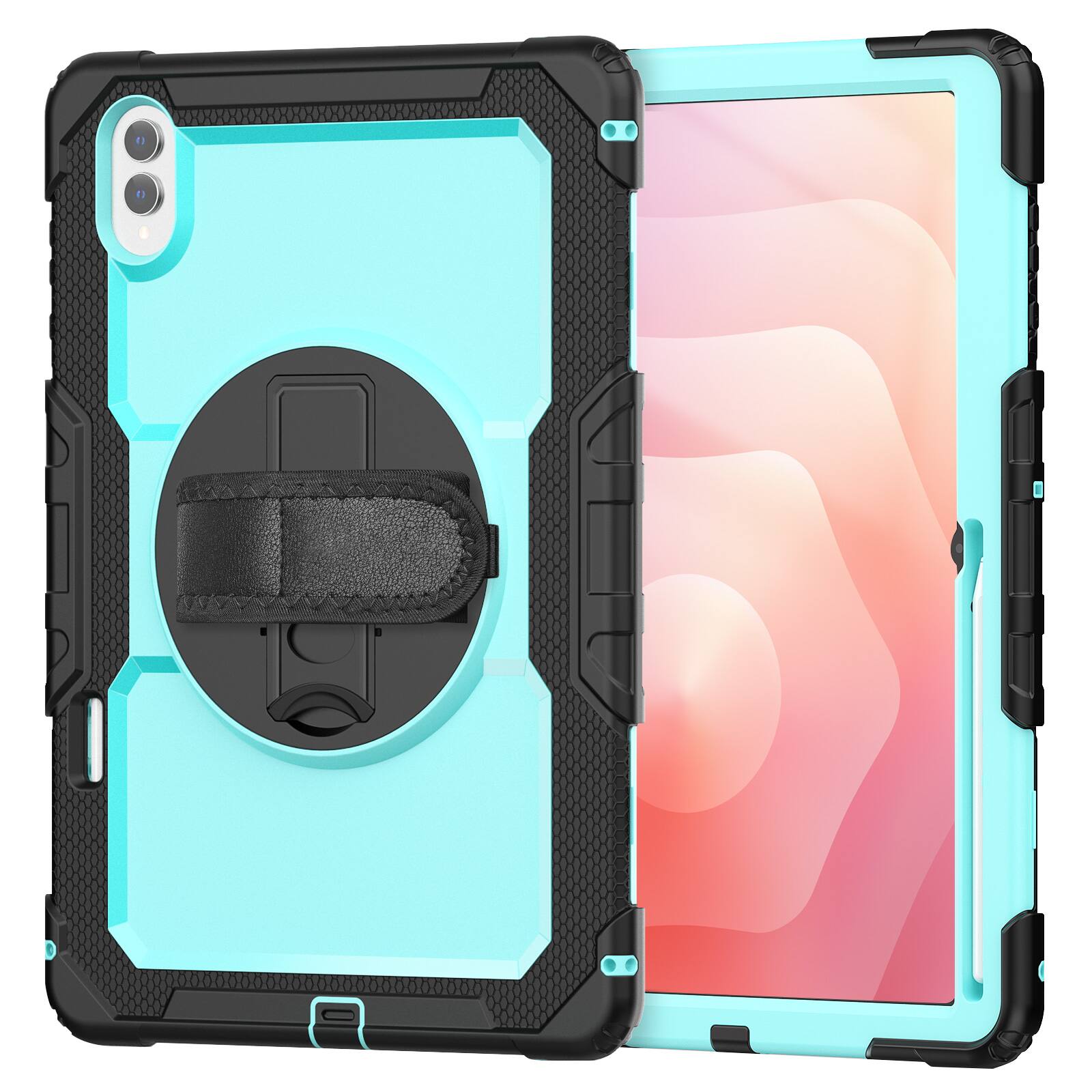 Angle. Dteck - For Samsung Galaxy Tab S11 Ultra 2025 14.6'' Shockproof Three-Layer Stand Shoulder Strap Case Built-in Screen Protector - Mint+Black.