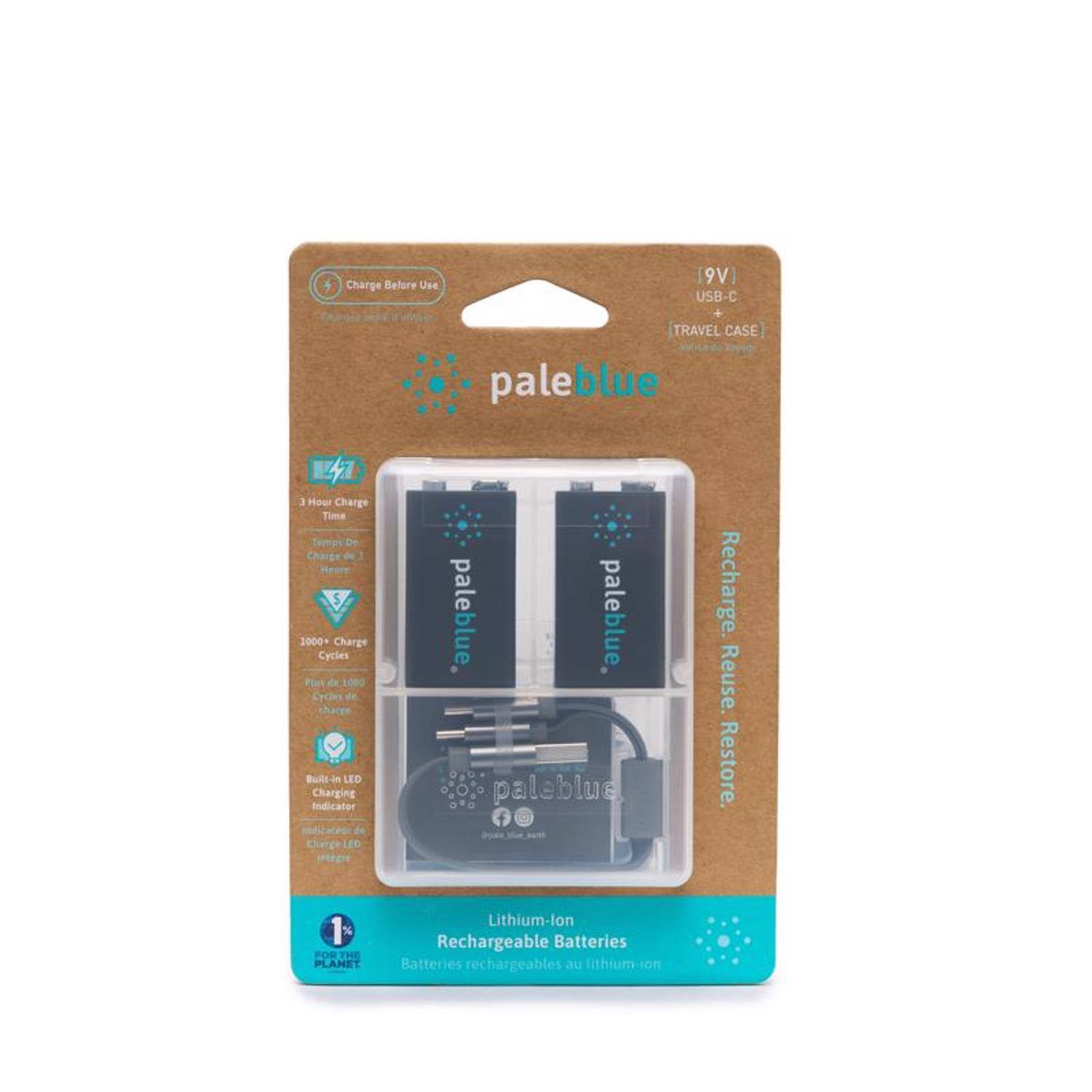 9V Charge Before Use USB-C + TRAVEL CASE paleblue 3 Hour Charge Time Temps Charge Heure 1000 Cycles Charge paleblue paleblue. Recharge. Ptim Cycles charge a 1000 in Reuse. Built-in LED Charging Indicator paleblue f Restore. Chinge LEO Lithium-lon Rechargeable Batteries FOR THE PLANET Batteries rechargeables au lithium-ion