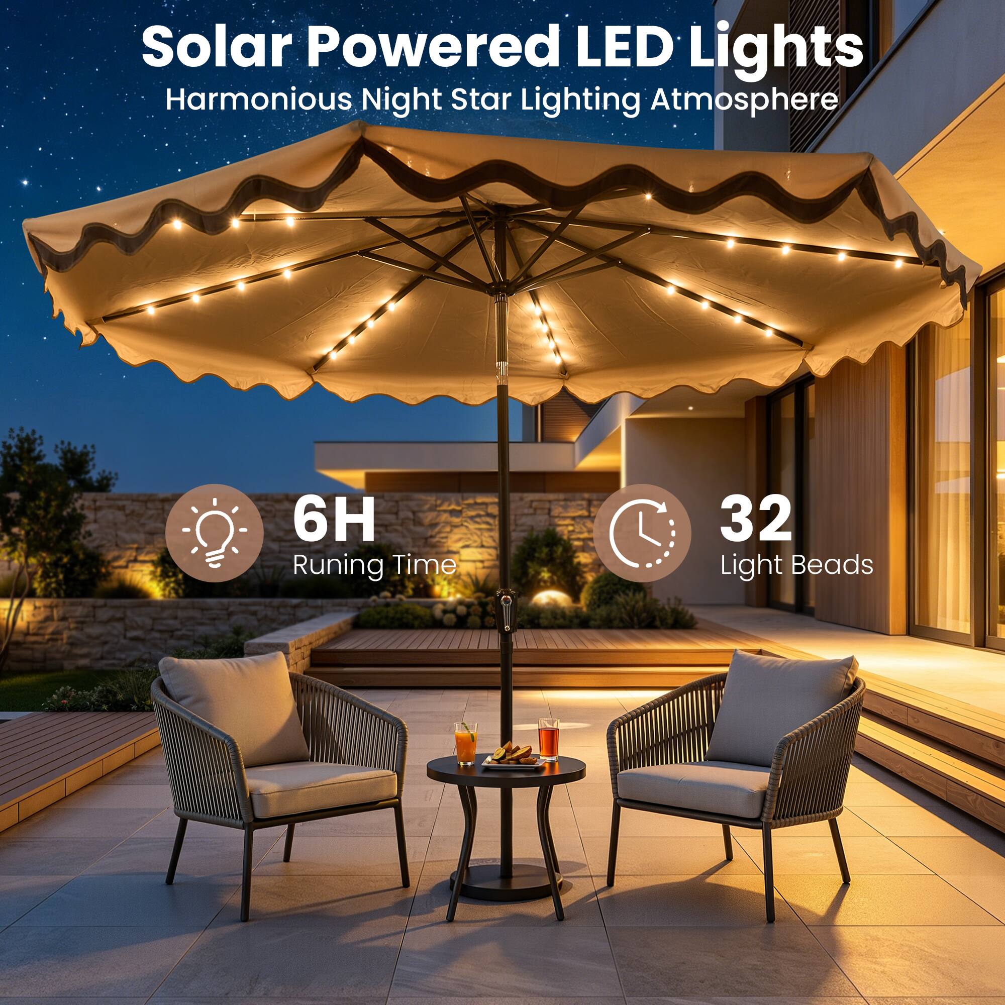Solar Powered LED Lights  
Harmonious Night Star Lighting Atmosphere  

6H Running Time  
32 Light Beads