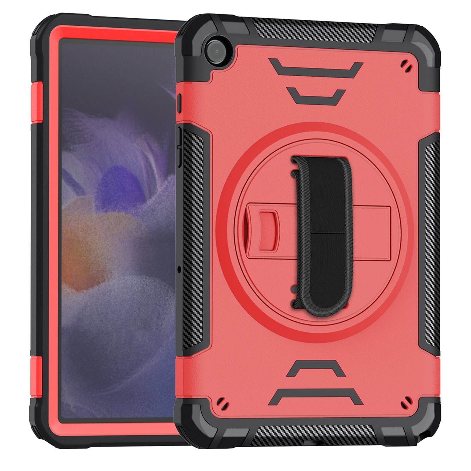 Angle. Dteck - Shockproof Case for Samsung Galaxy Tab A9+ with Shoulder Hand Strap, Kid Friendly Rugged Cover with 360 Rotating Stand - Red.