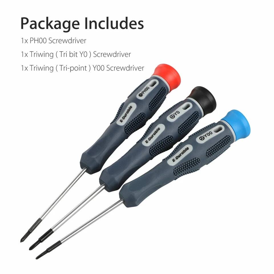 Package Includes

1x PH00 Screwdriver  
1x Triwing (Tri bit YO) Screwdriver  
1x Triwing (Tri-point) YOO Screwdriver  

Durable - PH00  
Durable - YO  
Durable - YOO