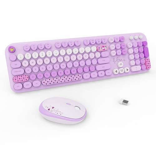 Stamp n Camp - Wireless And Mouse Cute Keyboards With Colorful 68 Keys Typewriter Retro Round Keycap For Pc Laptop Tablet Computer - LOVELY Purple Colorful