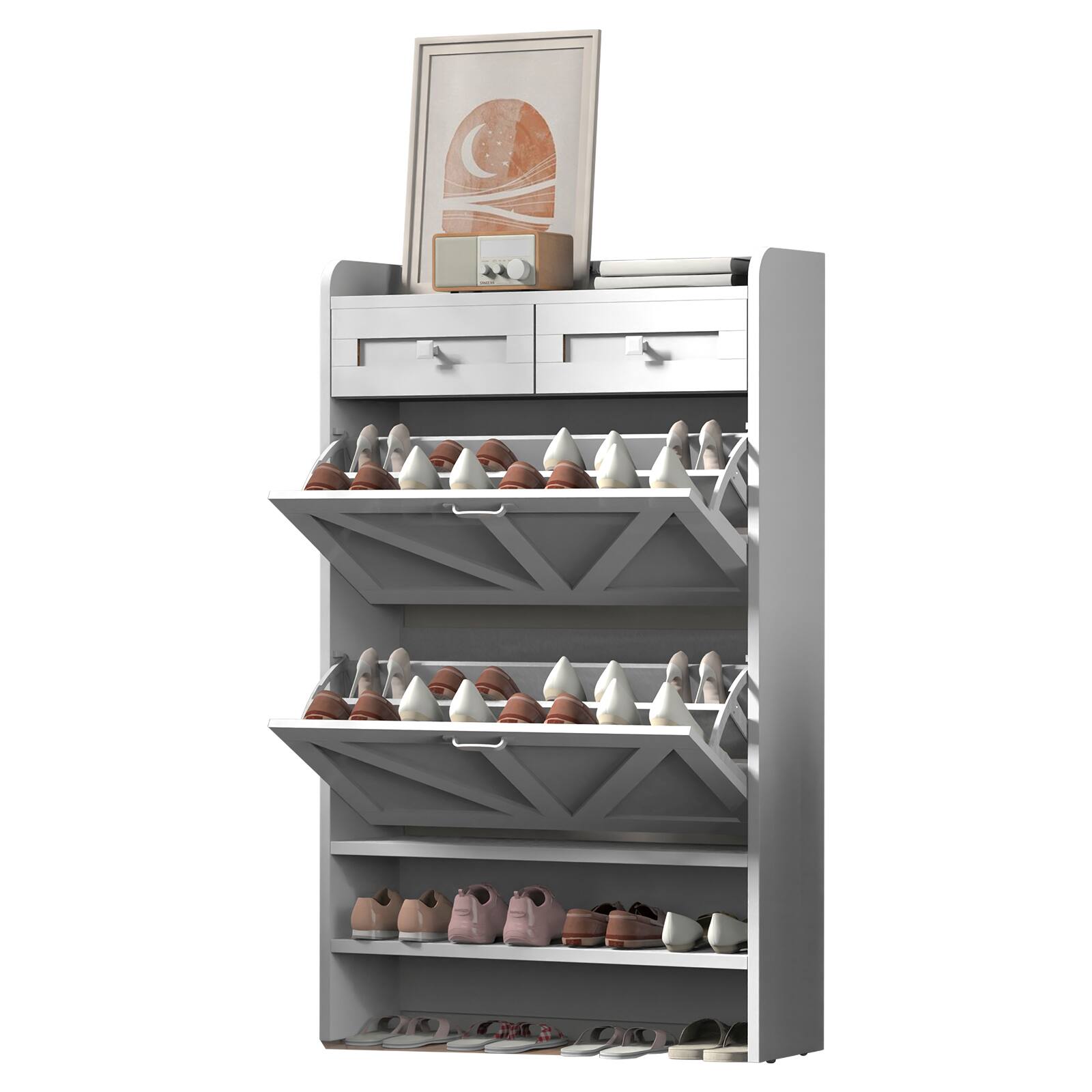 Alt View 1. Oumilen - White Slim Shoe Cabinet with 2 Flip Drawers and 2 Open Shelves - White.
