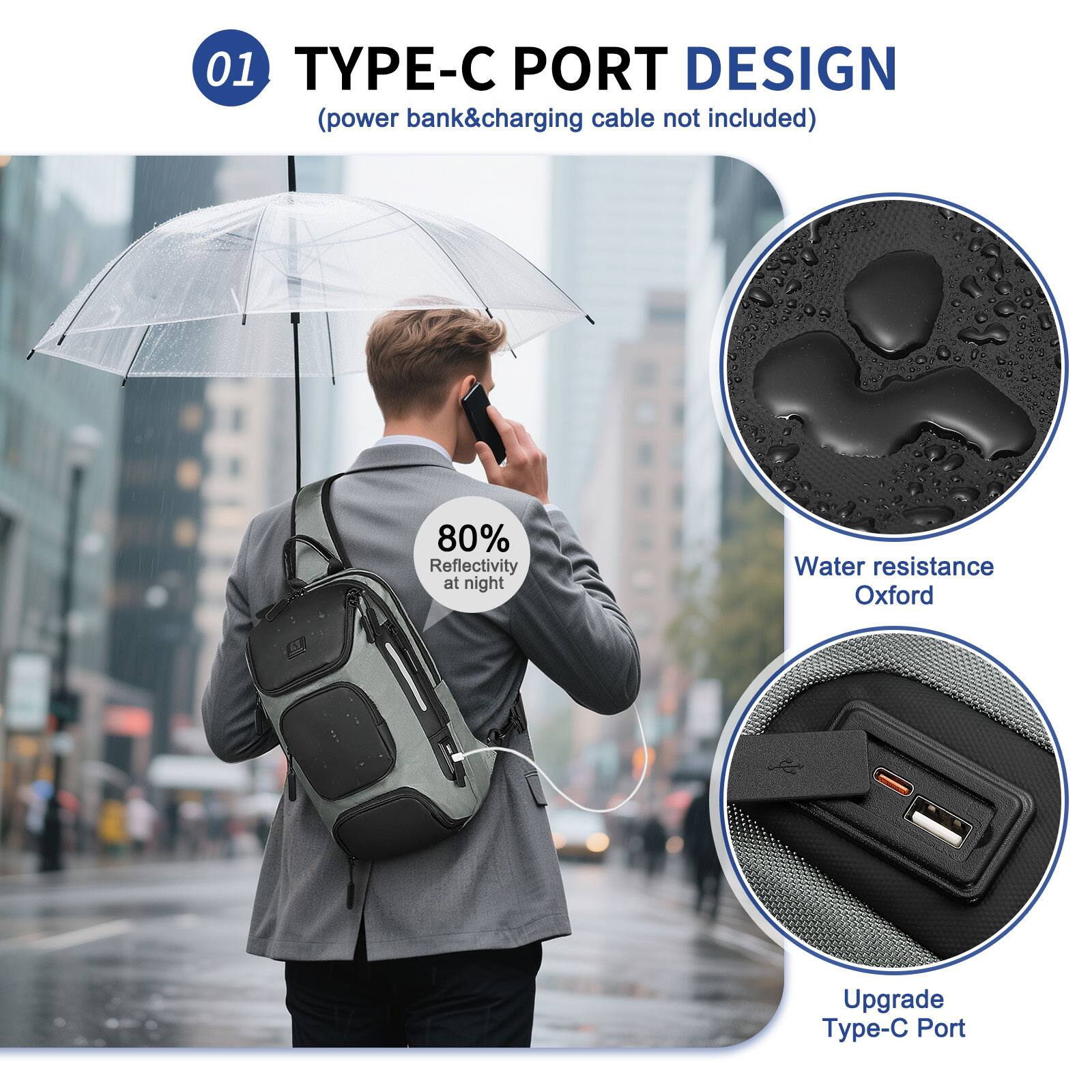 01 TYPE-C PORT DESIGN  
(power bank & charging cable not included)  

- 80% Reflectivity at night  
- Water resistance Oxford  
- Upgrade Type-C Port