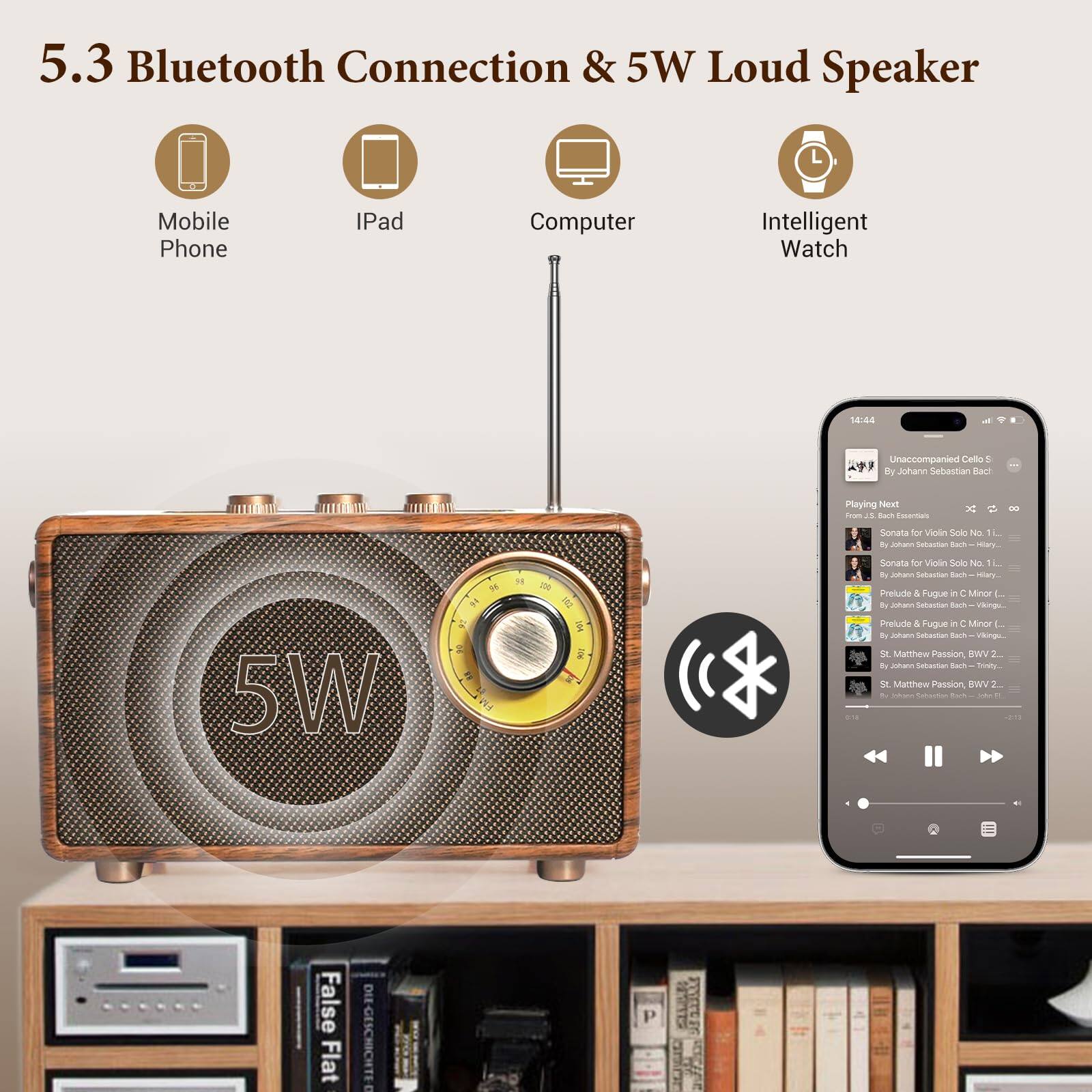 5.3 Bluetooth Connection & 5W Loud Speaker

Mobile Phone  
iPad  
Computer  
Intelligent Watch

5W

Unaccompanied Cello D  
By Johann Sebastian Bach  
Playing Next  
Sonata for Violin Solo No. 1  
Prelude & Fugue in C Minor  
St. Matthew Passion, BWV 244  
St. Matthew Passion, BWV 244