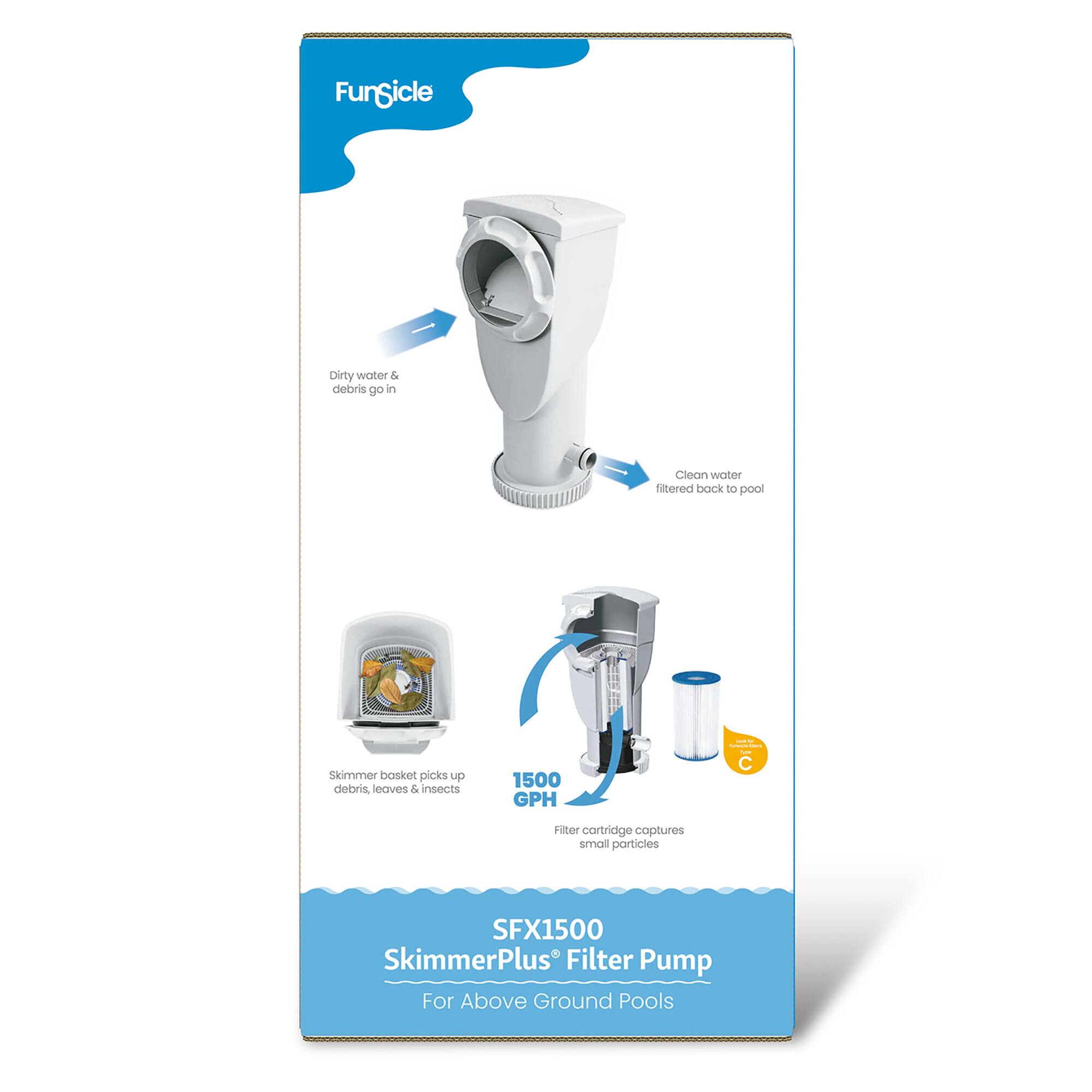 Fungicle Dirty water d debris  in Clean water fitered back 8 pool Skimmer basket picks up debris, leaves & insects 1500 GPH - C Fiter cortridge captures small particles SFX1500 SkimmerPlus Filter Pump For Above Ground Pools