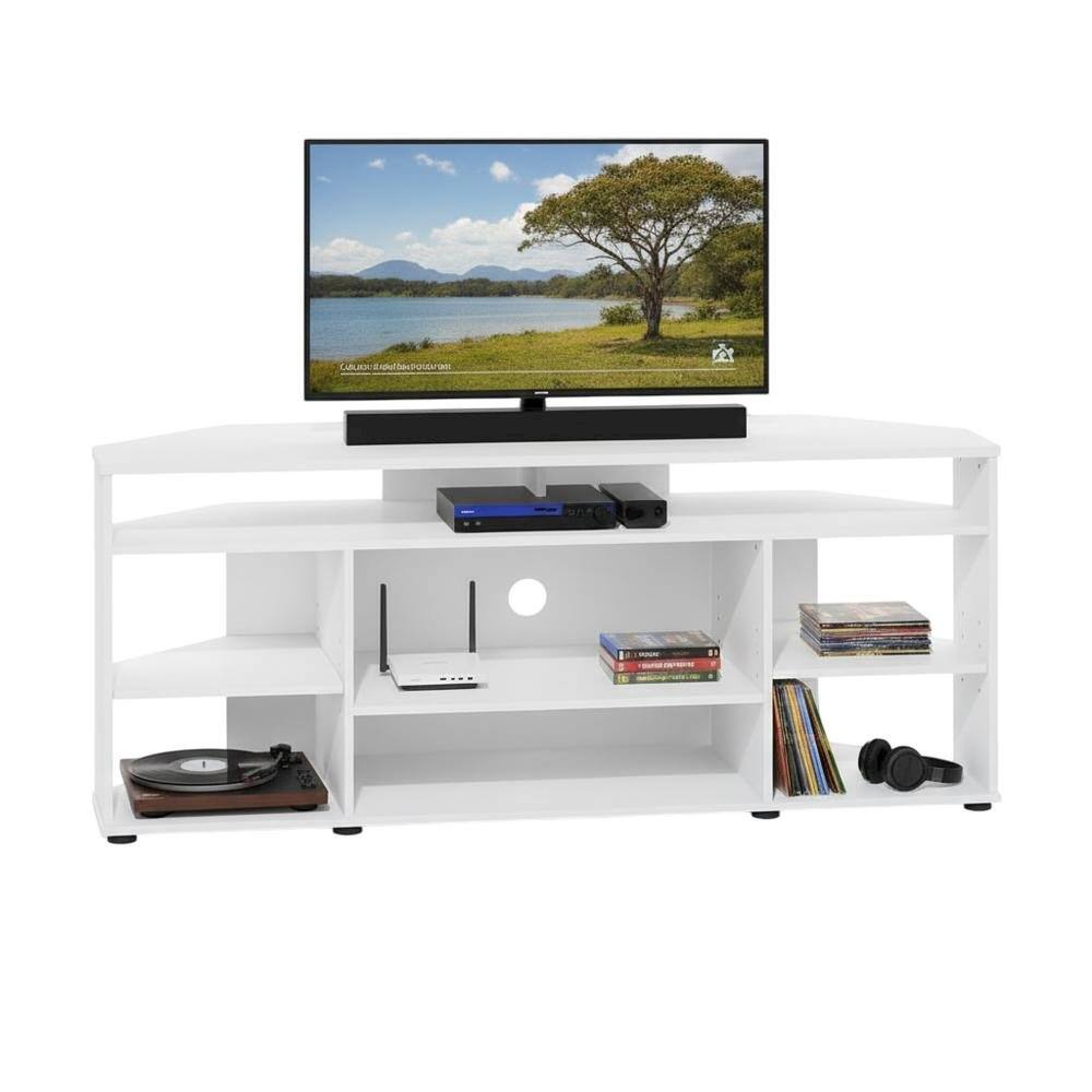 Alt View 3. FurniFact - White Corner TV Stand, up to 55-Inch Flat Screens, Solid Rubberwood - White.