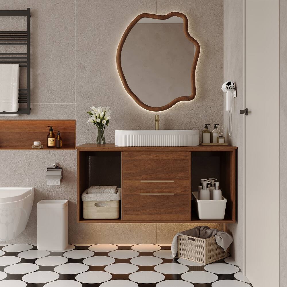 Front. Loheer - Loheer 39.4" Wall Mounted Bathroom Vanity with Ceramic Sink White and Walnut - White+Walnut.