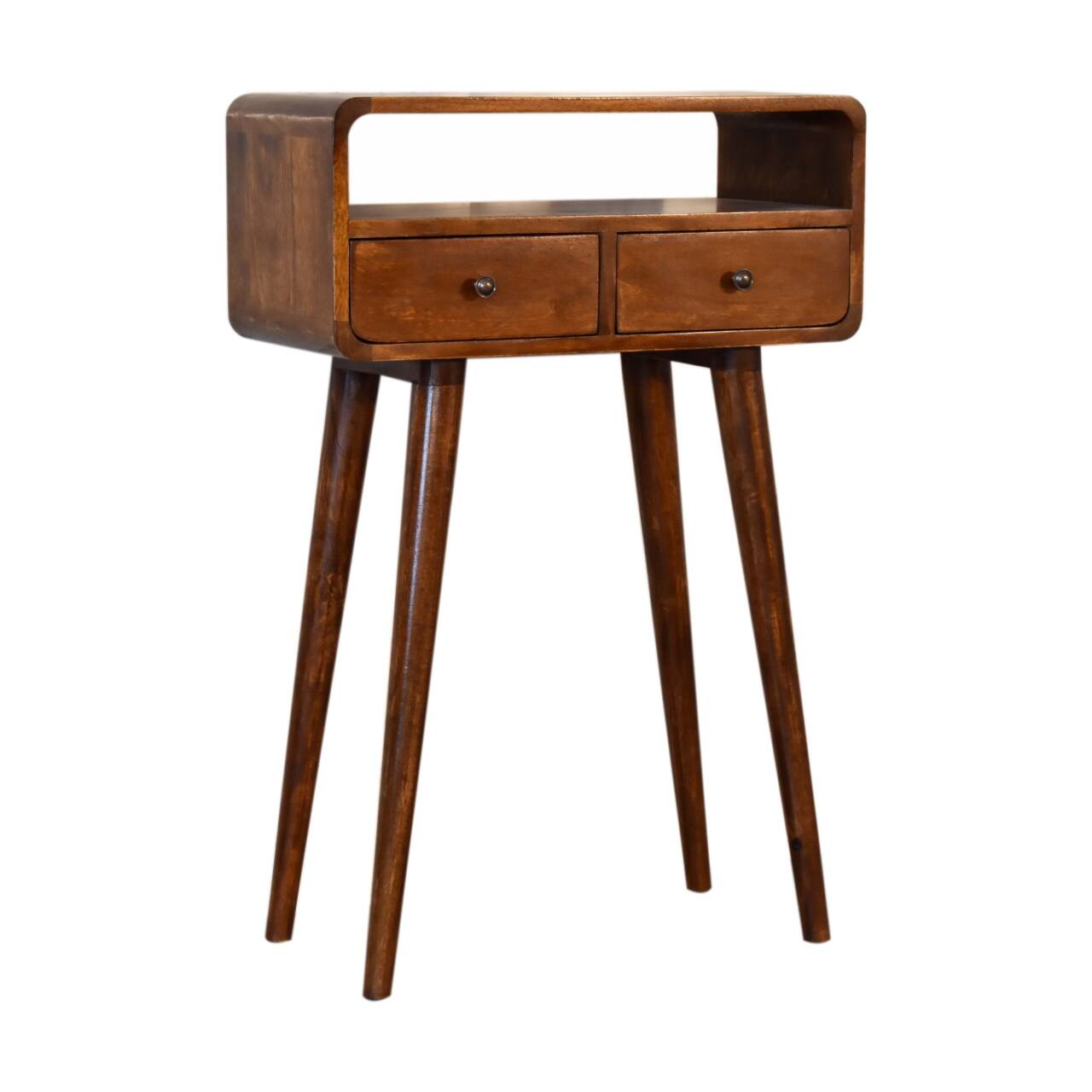 Left. Artisan Furniture - Artisan Furniture Solid Wood Mini Chestnut Console Table, 2 Drawers, 1 Open Slot, Brown - Brown.