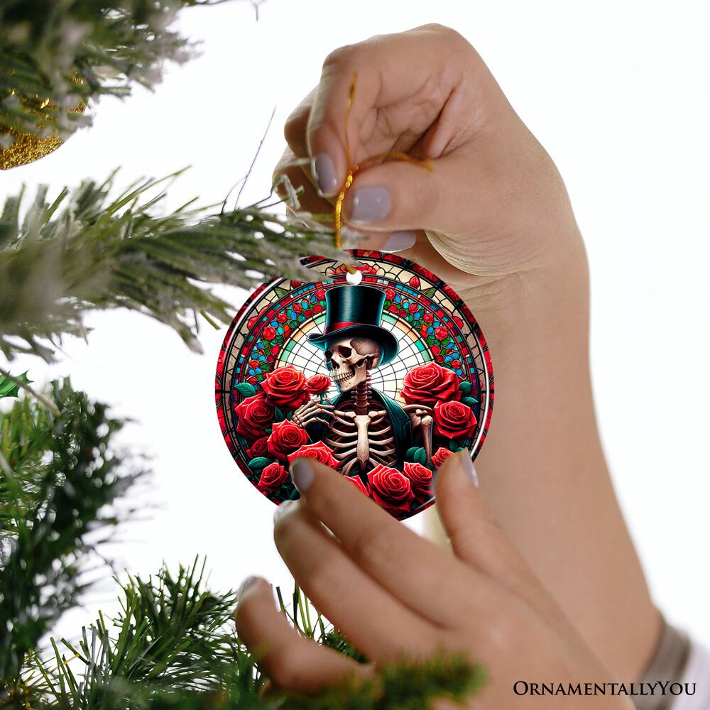 Alt View 1. OrnamentallyYou - Elegant Bones Top-Hat Skeleton with Roses Stained Glass Style Ceramic Ornament Halloween Themed - Multi-colored.