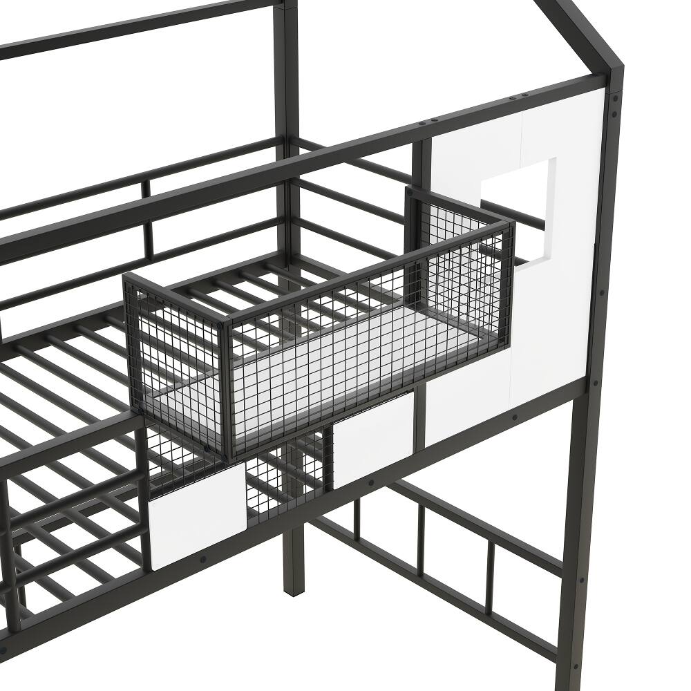 Alt View 10. Loheer - Loheer Metal Loft Bed with Roof Design Twin Size Black House Loft Bed with Storage Box and Integrated Ladder - Black.