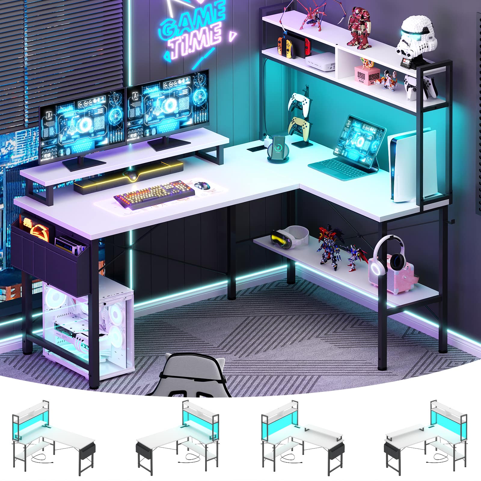 Aheaplus - 49'' Reversible L-Shaped Computer Gaming Desk with LED Lights, Power Outlets, and Hutch Storage - White & Black