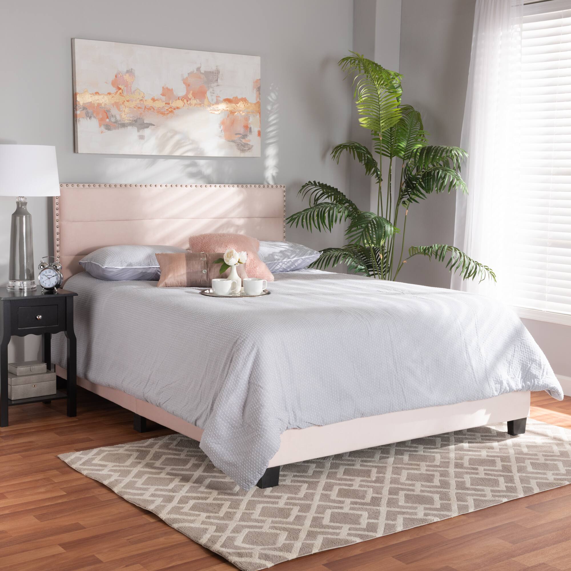 Alt View 2. Baxton Studio - Tamira Modern and Contemporary Glam Velvet Fabric Upholstered Full Size Panel Bed - Light Pink/Black.