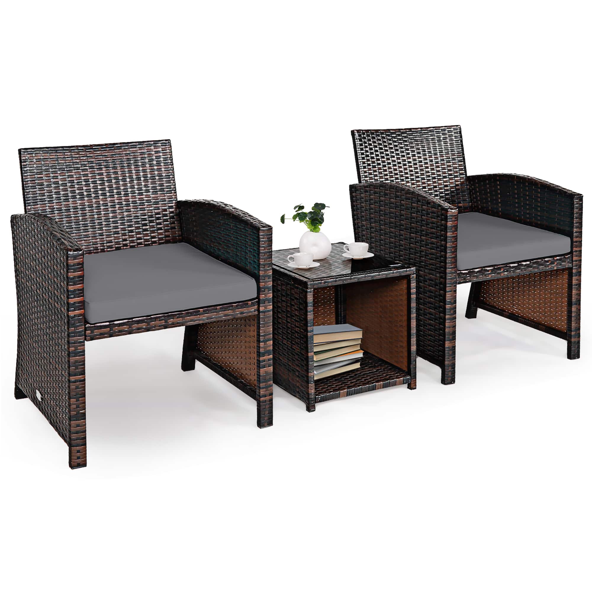 Front. Costway - 3PCS Patio Rattan Wicker Furniture Cushion Sofa Coffee Table - Gray,Mix brown.
