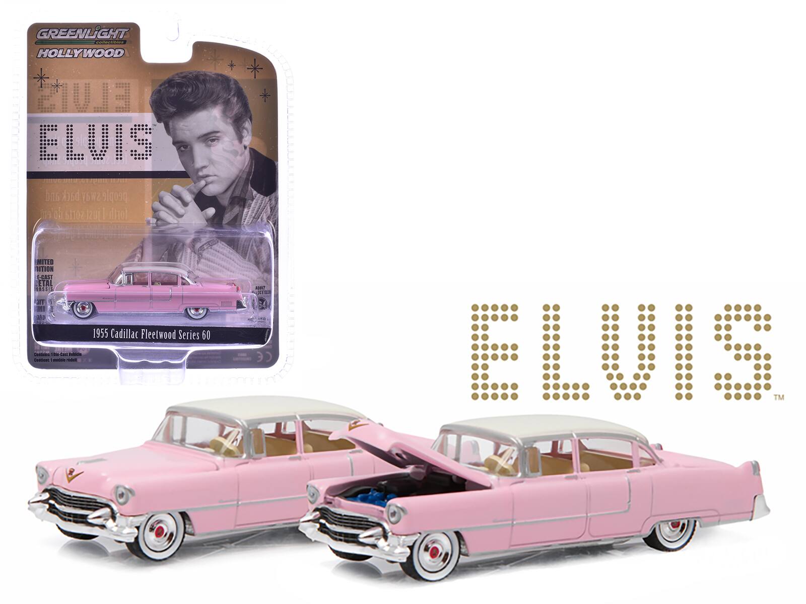 GREENLiGHT collectibles  
HOLLYWOOD  

ELVIS ELVIS  

and back sway people do'ent sorta just I forth  

MITED DITION LEAST ETAL BASSIS TIC 30% comment - - tast VISIONAL Centlest - Choless  

1955 Cadillac Fleetwood Series 60  

AFF UFCITED 14 ... CE  

ELVIS TM