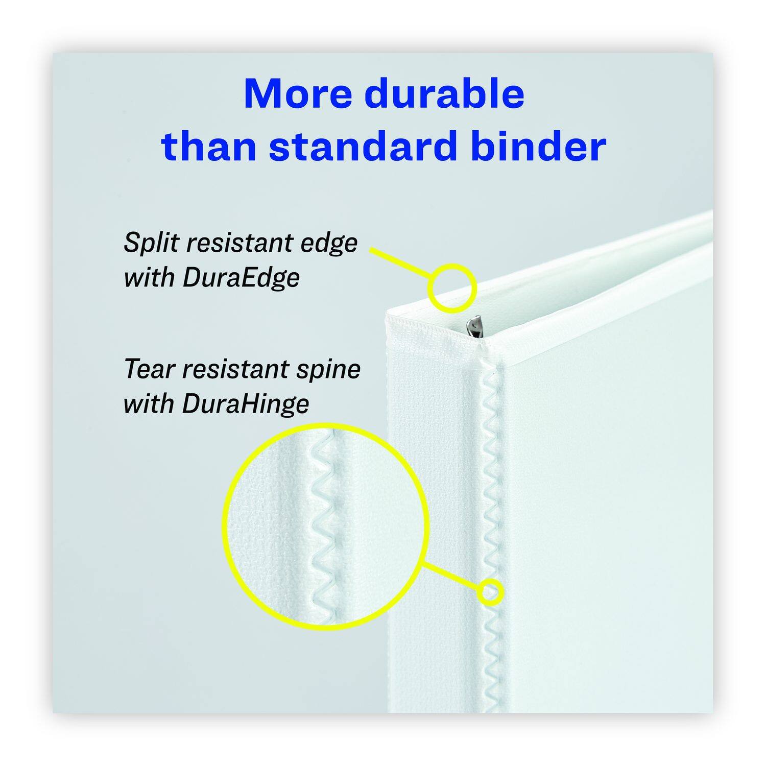 More durable than standard binder

Split resistant edge with DuraEdge

Tear resistant spine with DuraHinge