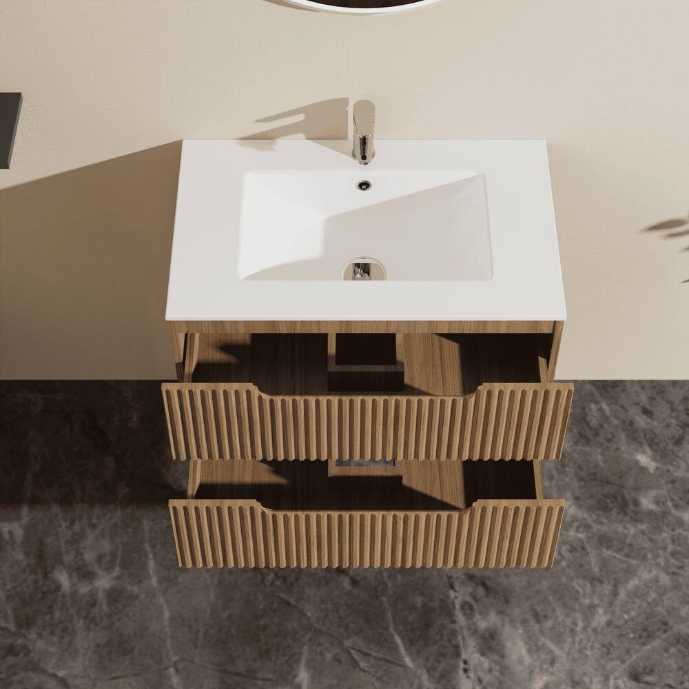 Left. Kadyn - 30" Wall-Mounted Floating Bathroom Vanity Cabinet - Soft-Close System, 2 Extra Big Drawers, Sink Not Included, Walnut - Brown.