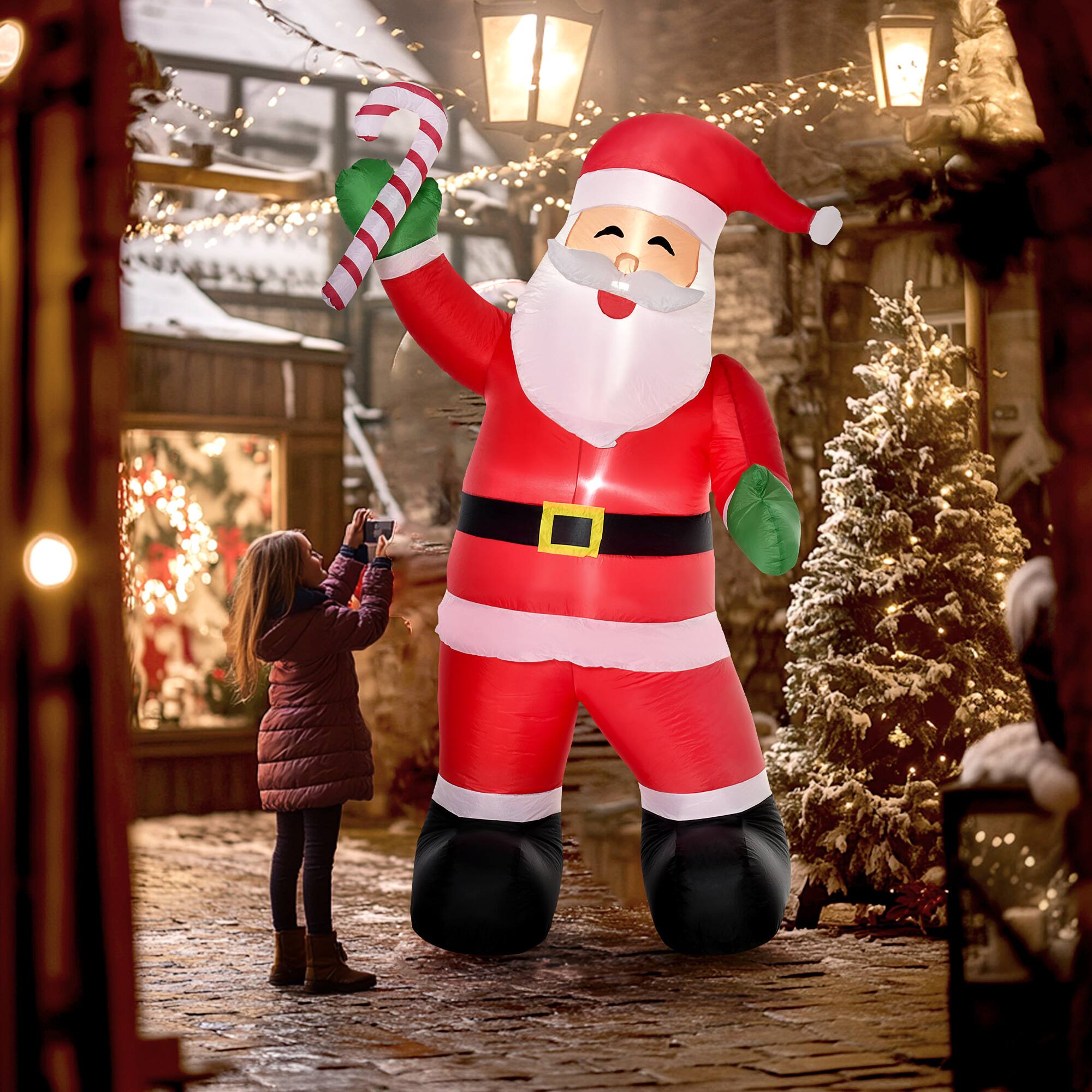 Alt View 1. Homcom - 8ft Inflatable Santa with Candy Cane, Outdoor Blow-Up Yard Decoration with LED Lights - Red.