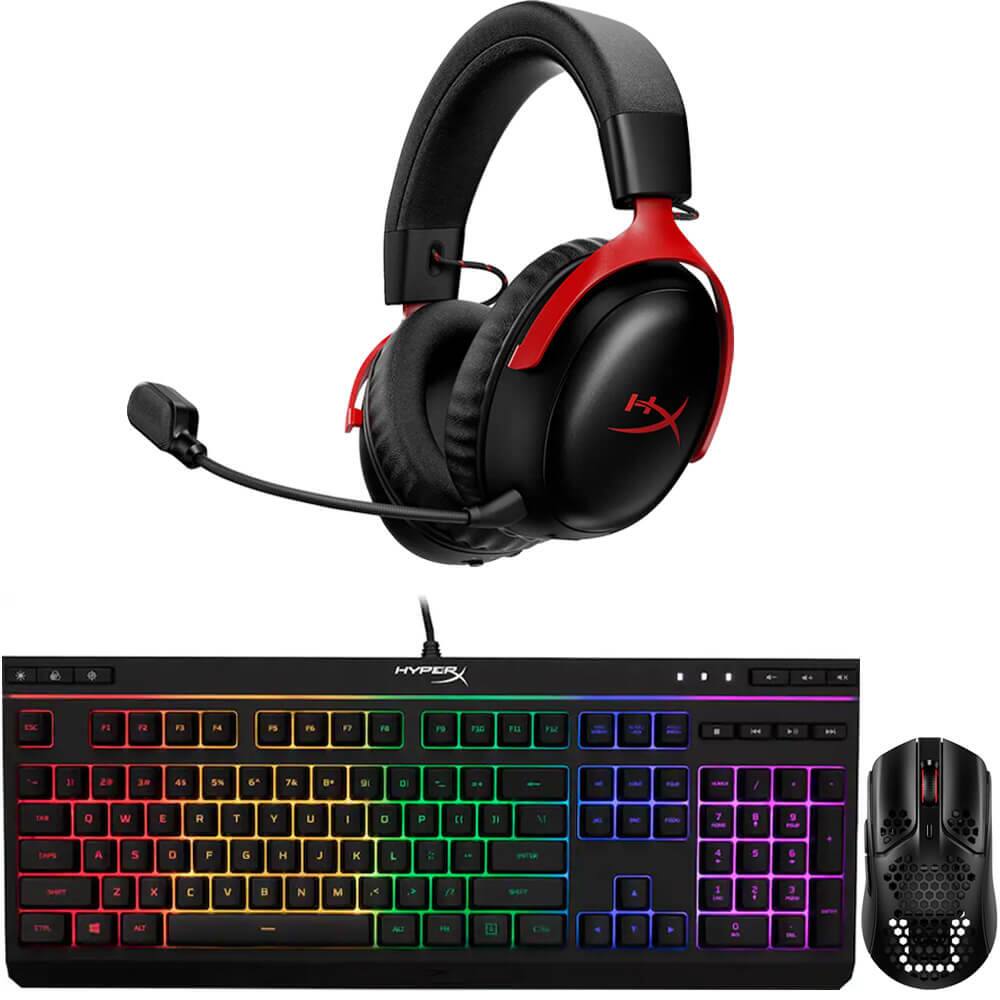Sure, here is the corrected and grouped text from the image:

**Keyboard:**
- HYPERX

**Headset:**
- HX

**Mouse:**
- (No visible text)

**Text from the image:**
- H HYPER E P FB F3 P6 FB FB F3 FH FS F3G FI FM - a 1 . 3e 4s ON & T D 9 D - .. 18E a w E R T Y U I D P DE T M 7 . tars A S D F G H L  L B 4  Z X C V  N M x  a a 1 3 = NT N  a