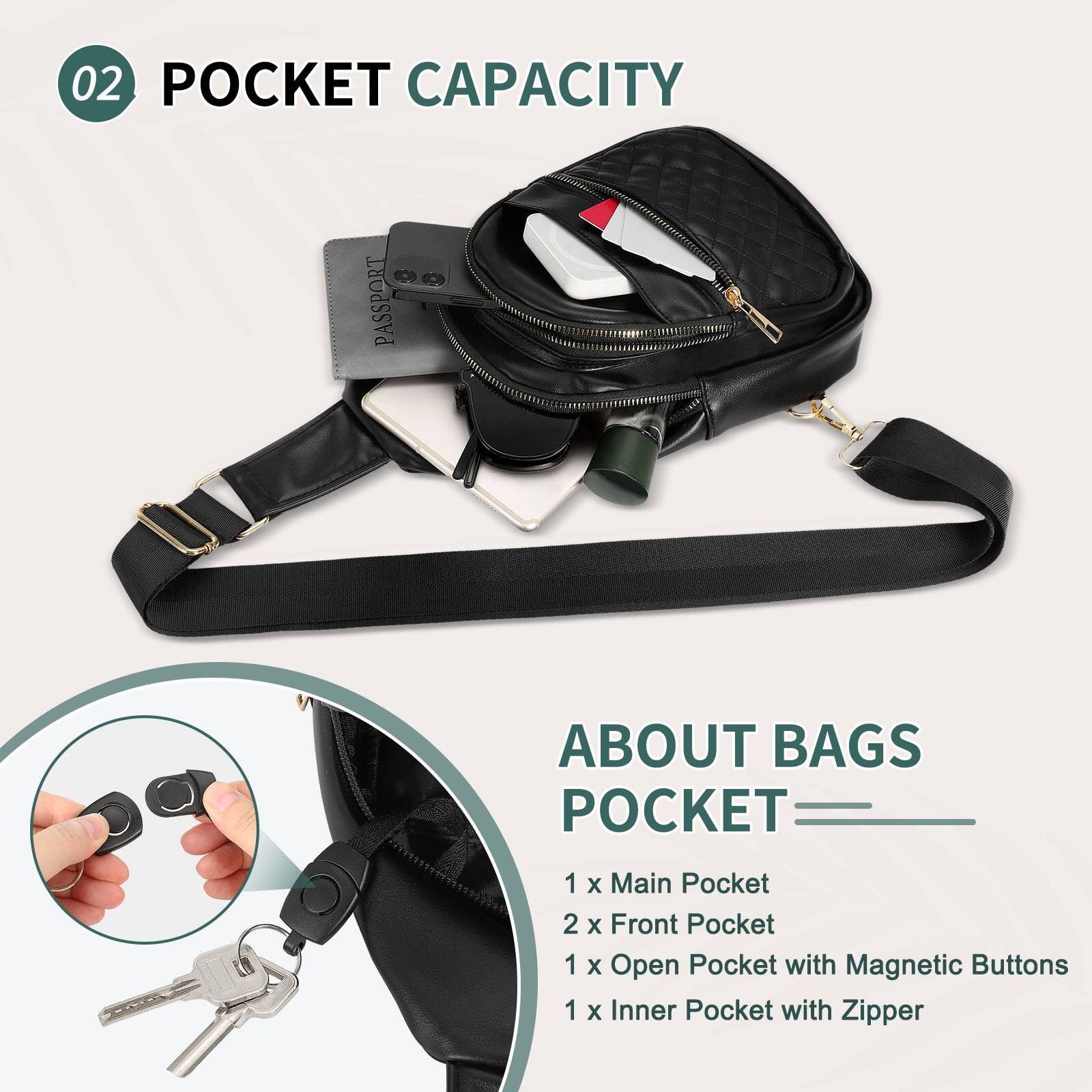 02 POCKET CAPACITY

ABOUT BAGS POCKET

1 x Main Pocket  
2 x Front Pocket  
1 x Open Pocket with Magnetic Buttons  
1 x Inner Pocket with Zipper