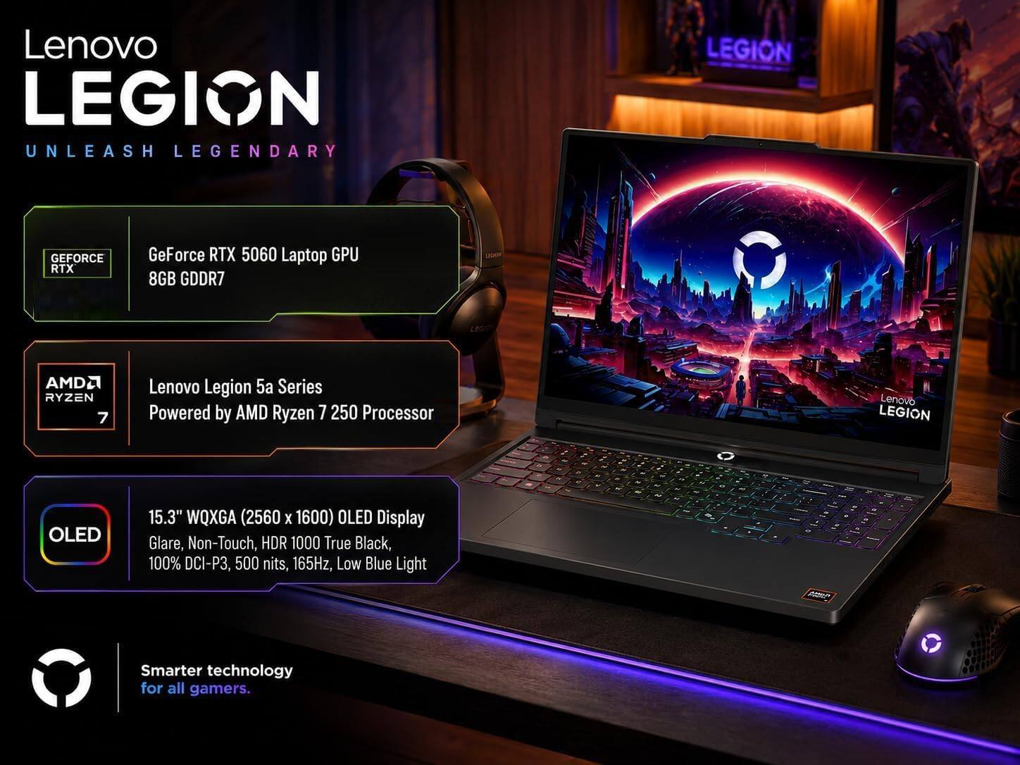Lenovo LEGION UNLEASH LEGENDARY

LEGION

GEFORCE RTX
GeForce RTX 5060 Laptop GPU 8GB GDDR7

AMDA RYZEN 7
Lenovo Legion 5a Series Powered by AMD Ryzen 7 2500 Processor

Lenovo LEGION
5

OLED
15.3" WQXGA (2560 x 1600) OLED Display Glare, Non-Touch, HDR 1000 True Black, 100% DCI-P3, 500 nits, 165Hz, Low Blue Light

Smarter technology for all gamers.