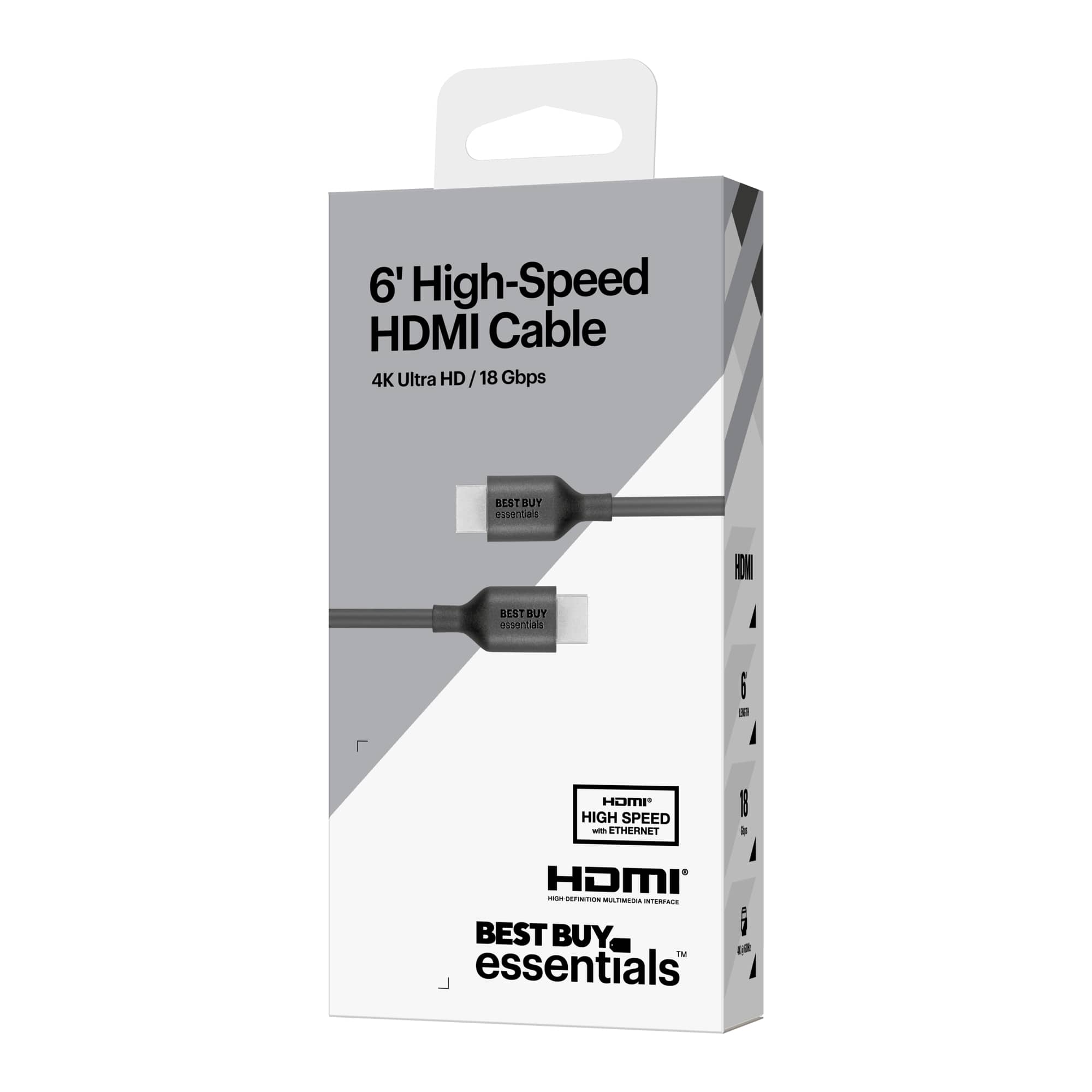 The text on the image reads: "6' High-Speed HDMI Cable 4K Ultra HD / 18 Gbps BEST BUY essentials HOW TO BUY essentials i 1 HOMI HIGH SPEED - ETHERNET 1 a HDMI I n E BEST i BUY o2 iM essentials I."