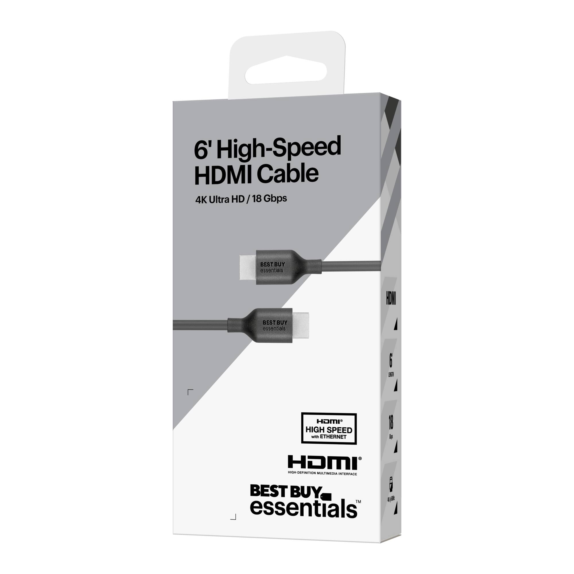 The text on the image reads: "6' High-Speed HDMI Cable 4K Ultra HD / 18 Gbps BEST BUY essentials HOW TO BUY essentials i 1 HOMI HIGH SPEED - ETHERNET 1 a HDMI I n  E BEST i BUY o2 iM essentials I."