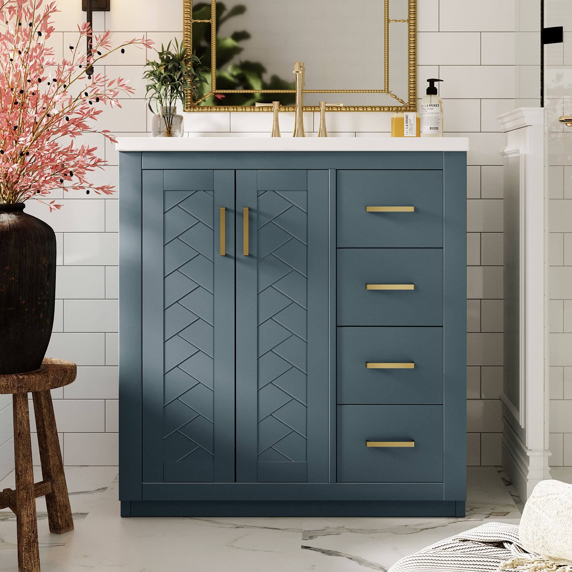 Alt View 2. Boyel Living - 30 Inch Bathroom Vanity Blue with Ceramic Sink Solid Wood Frame 3 Drawers - Blue.