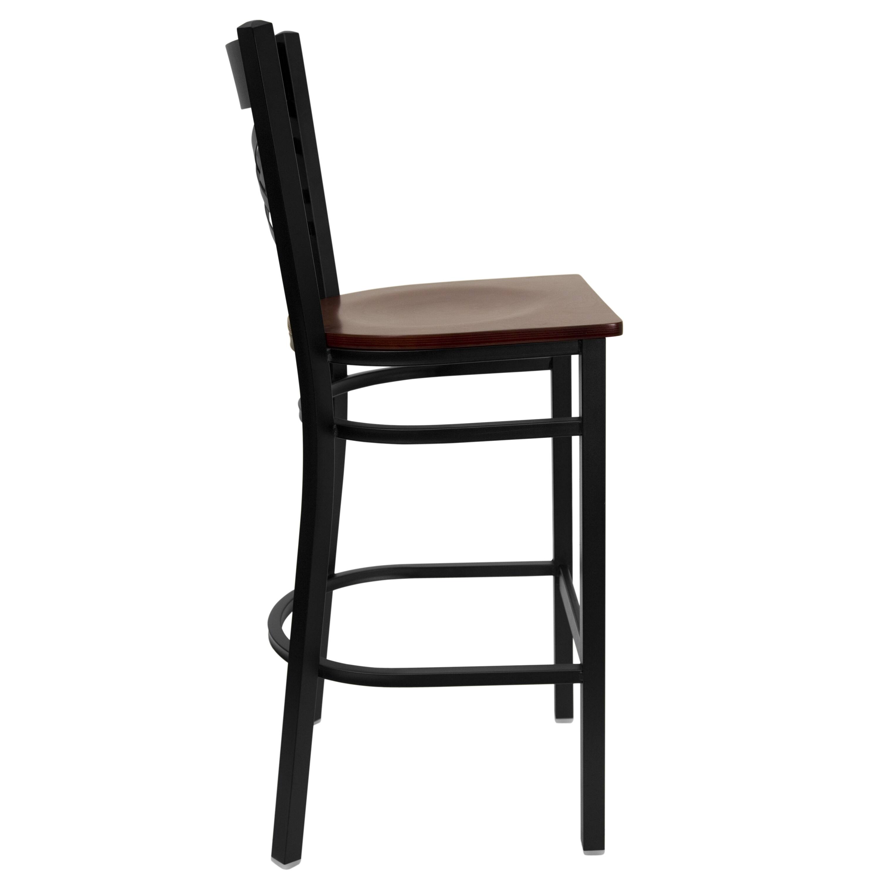 Alt View 5. Emma + Oliver - 2 Pack "X" Back Metal Restaurant Barstool - Mahogany Wood Seat/Black Metal Frame.
