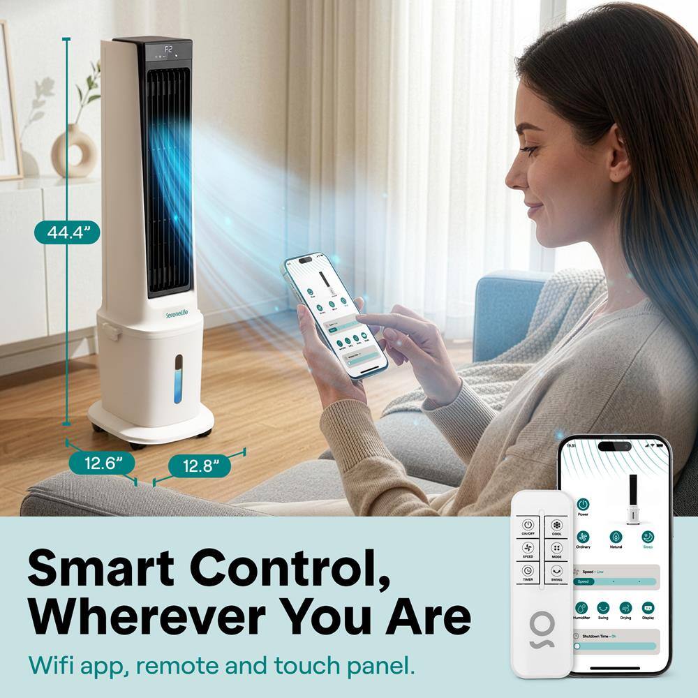 F2 44.4" 12.6" 12.8" Smart Control, Wherever You Are Wifi app, remote and touch panel.