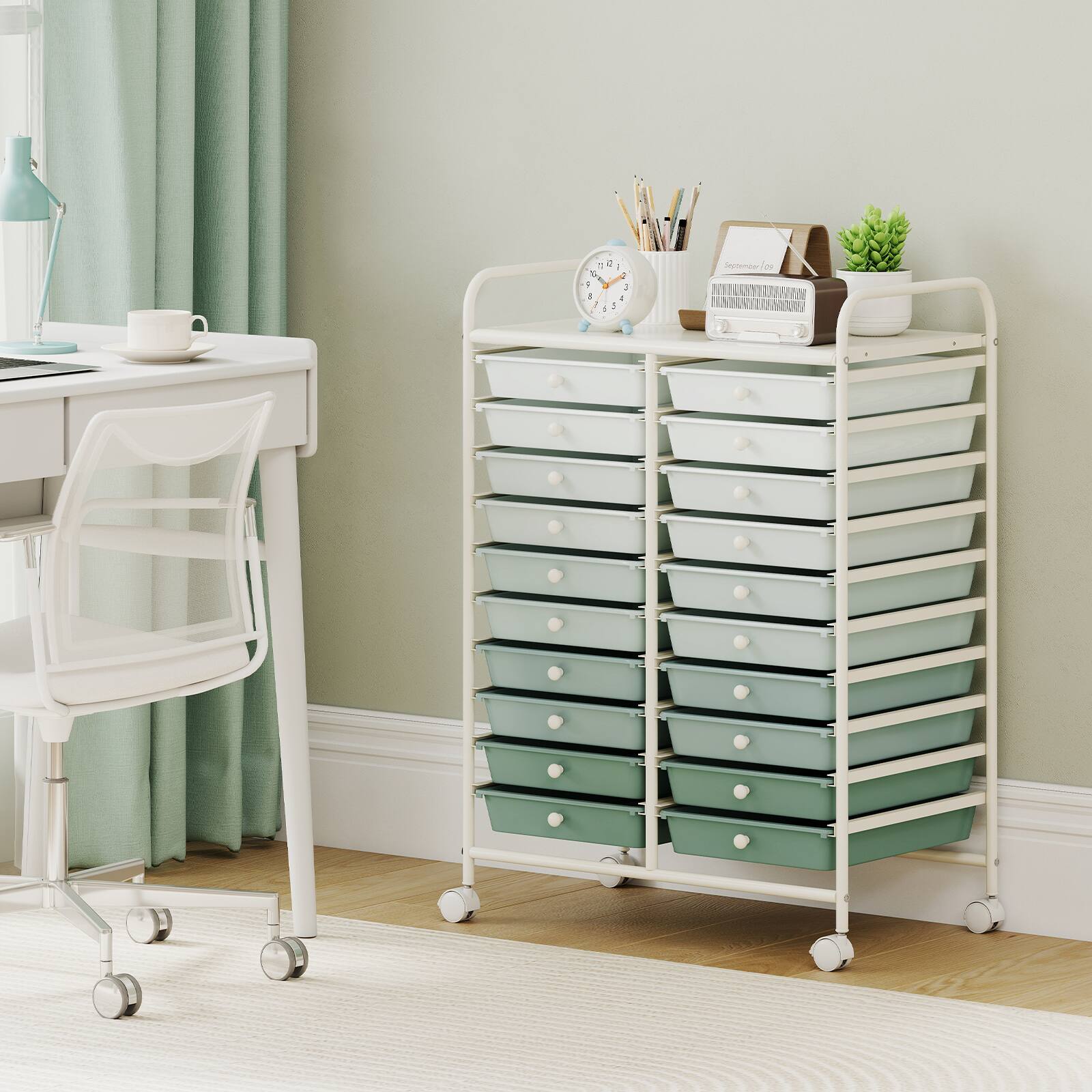 Alt View 3. Costway - Costway 20-Drawer Rolling Art & Craft Storage Cart with Removable Drawers & Metal Frame,Lockable Wheels - Gradient Green.