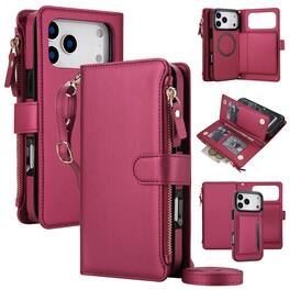 Dteck - Wallet Phone Case for Apple iPhone 18 Pro Max, 2 in 1 RFID Shockproof Leather Magnetic TPU Cover with Crossbody Strap - Red